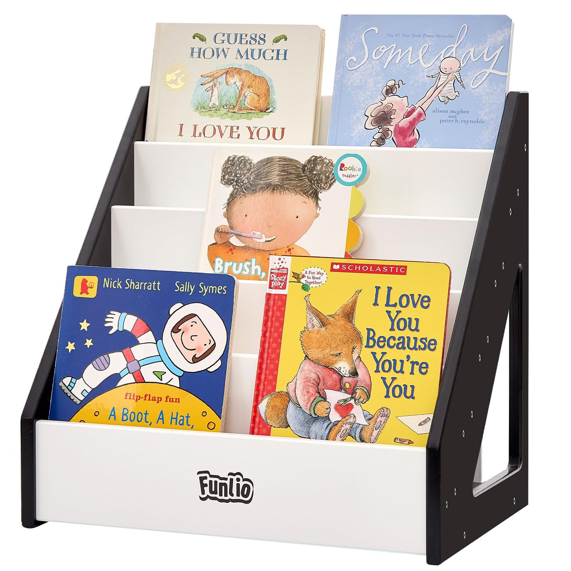Montessori Bookshelf for Toddlers Front-Facing Pine Wood with Handle & Anti-Tilting Device - Black & White 44cm