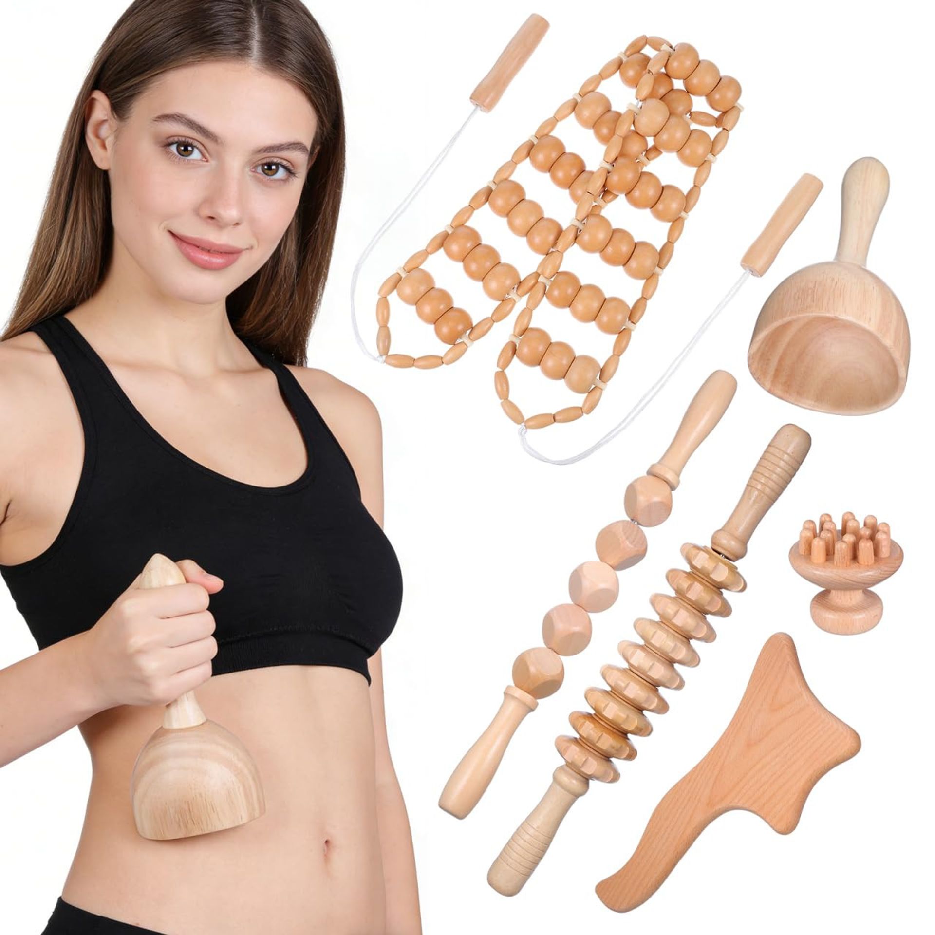 Wooden Massage Tool Set 6-Piece Natural Beech Wood Body Therapy for Muscle Relief & Cellulite Reduction - Khaki R219B9FA10O23009X