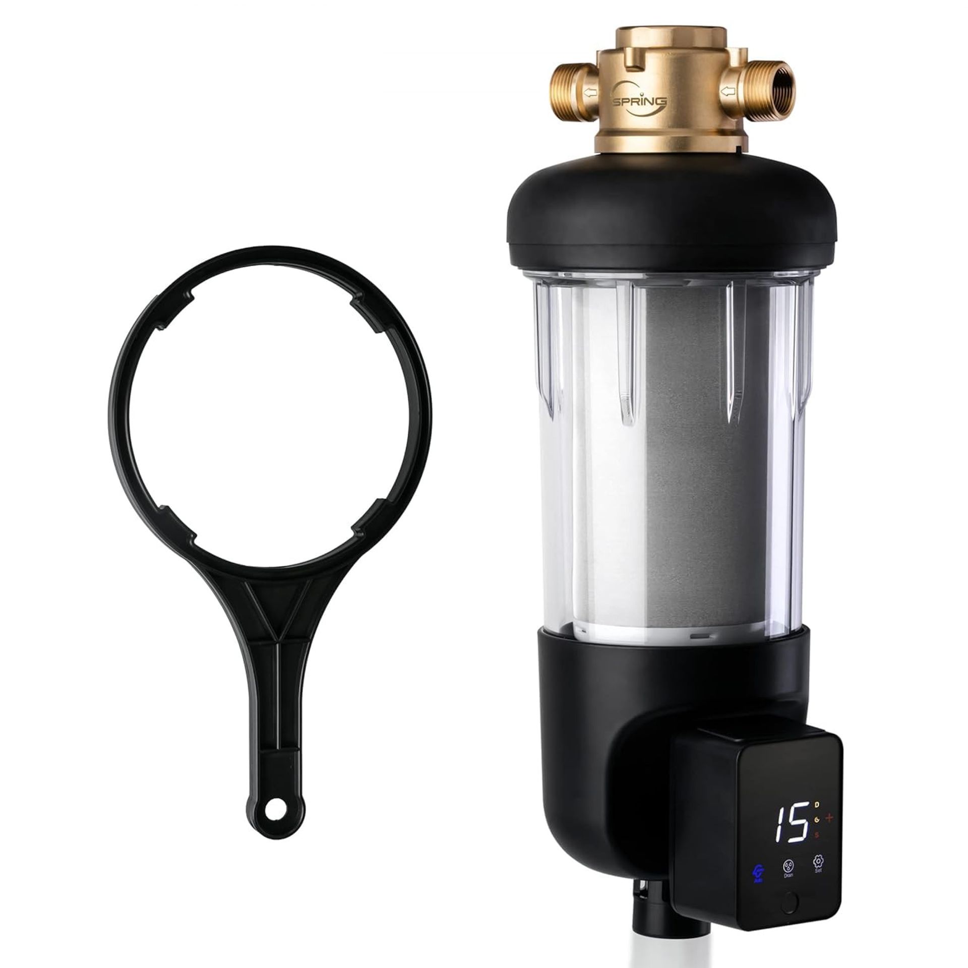 Spin Down Sediment Water Filter Reusable Auto Flush Touch-Screen & Brass Housing - Clear 100 Micron