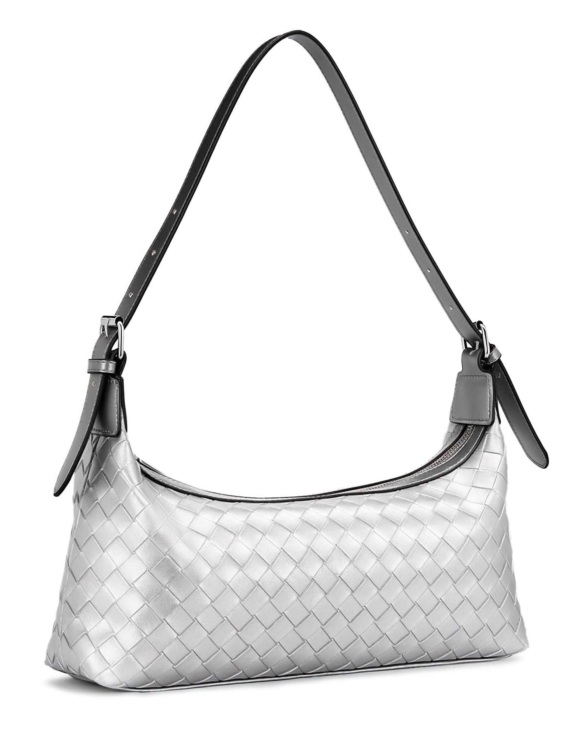 Women's Woven PU Leather Shoulder Tote Handbag Casual Fashion Hobo - Silver