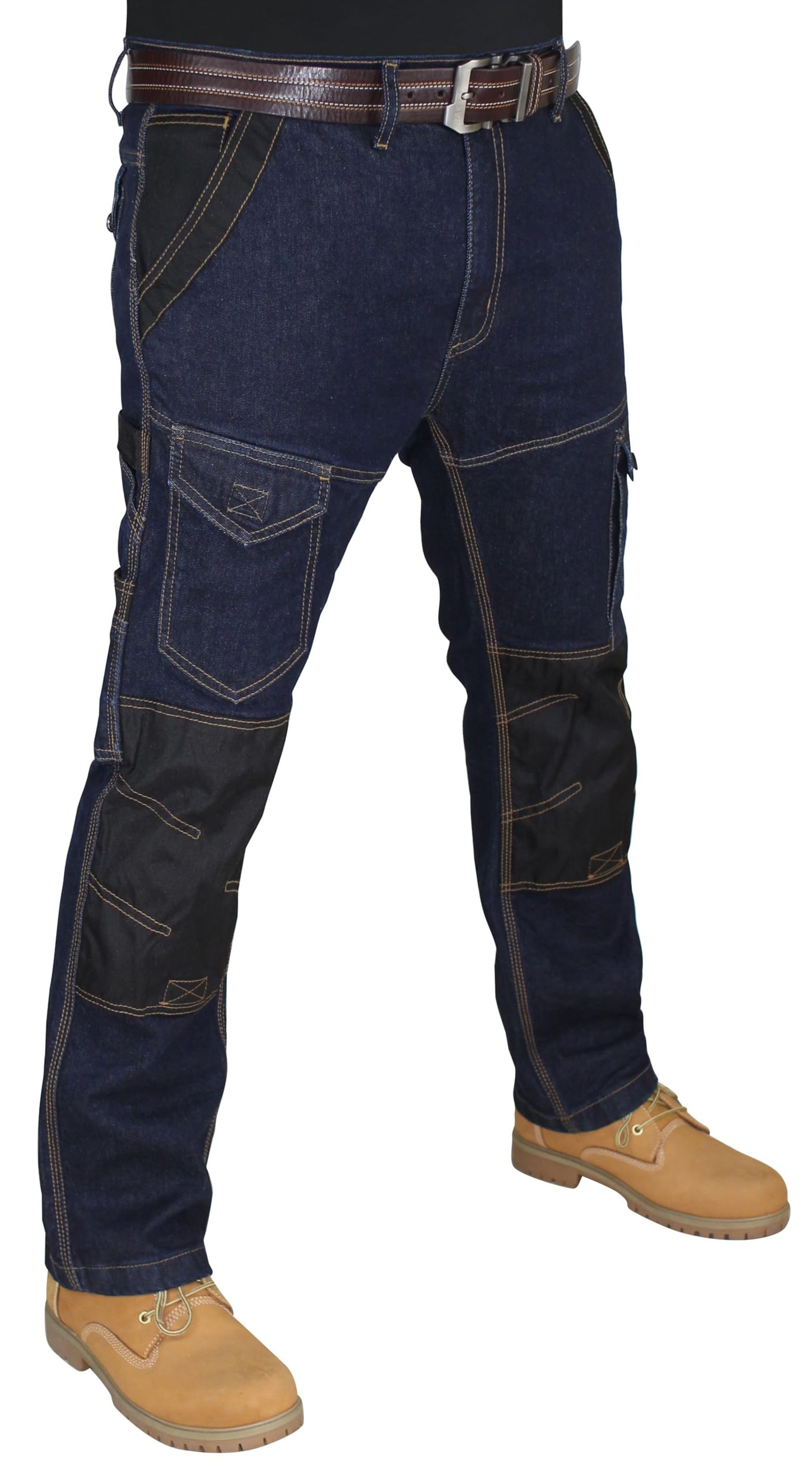 Men's Heavy Duty Work Jeans Multi Pocket Cargo Trousers with Cordura Reinforced Knees - Blue 36W/32L