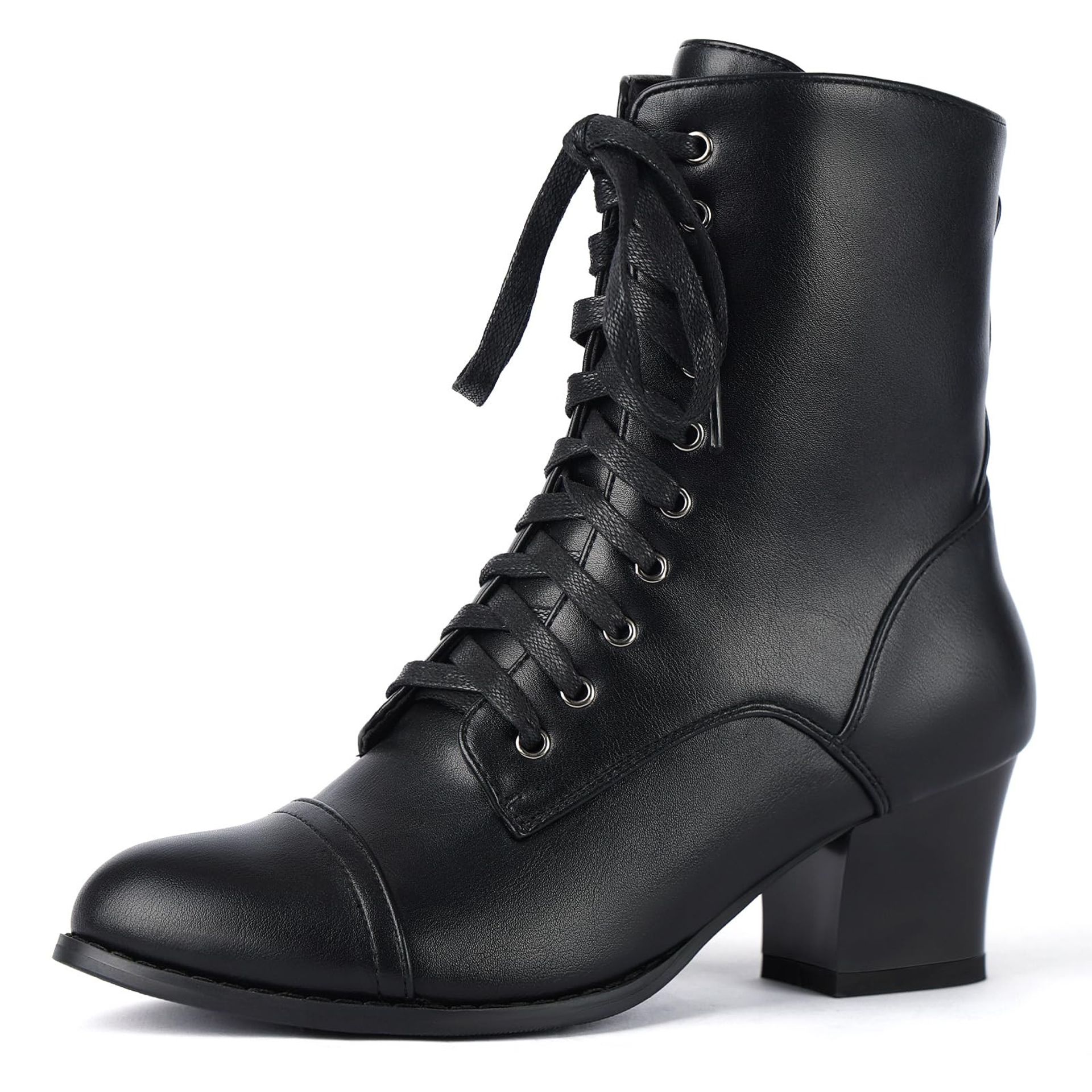 Women's Victorian Lace Up Ankle Boots with Side Zip and Block Heel - Black UK 7.5