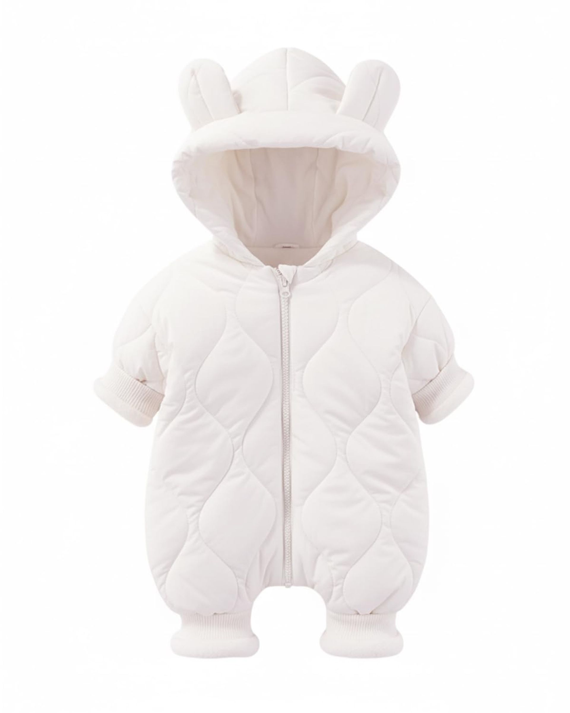 Baby Snowsuit Fleece Winter Romper Soft Cotton Lined Bear Hooded Outfit - White 6-9 Months