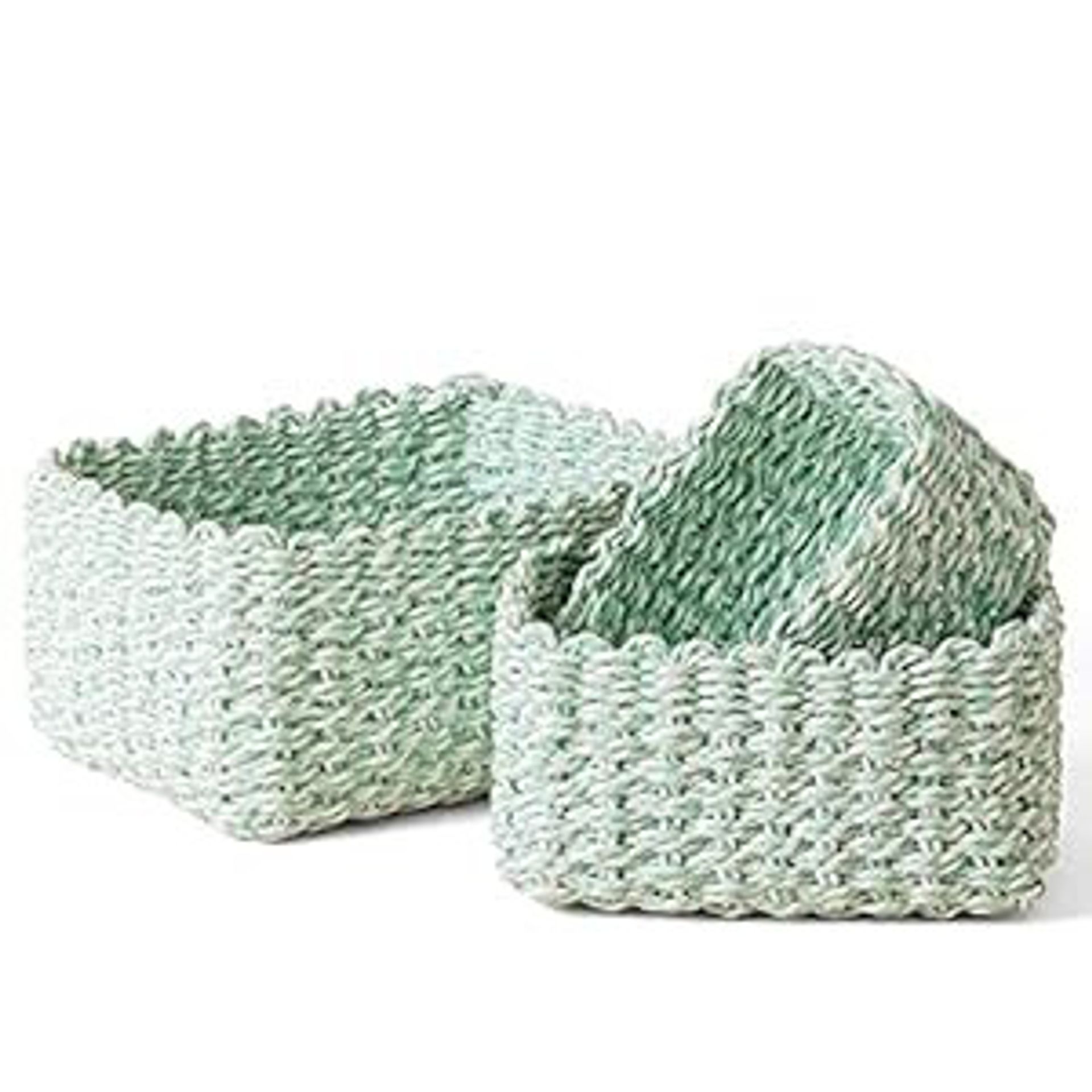 Woven Wicker Storage Baskets Paper Rope Bin Organiser Set of 3 for Home Cupboard Drawer Shelf - Green and White
