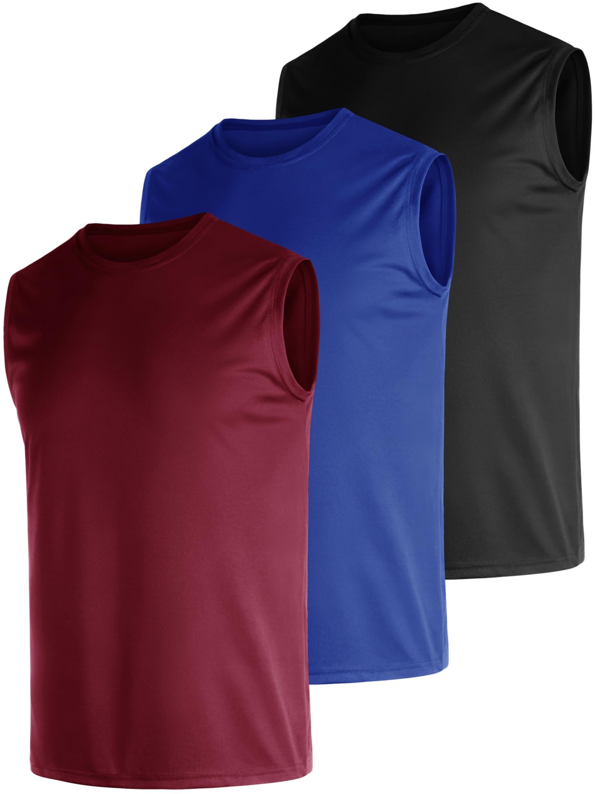 Men's 3 Pack Dry Fit Sleeveless Running T-Shirts Quick Dry Gym Performance Tops - Black/Blue/Red M