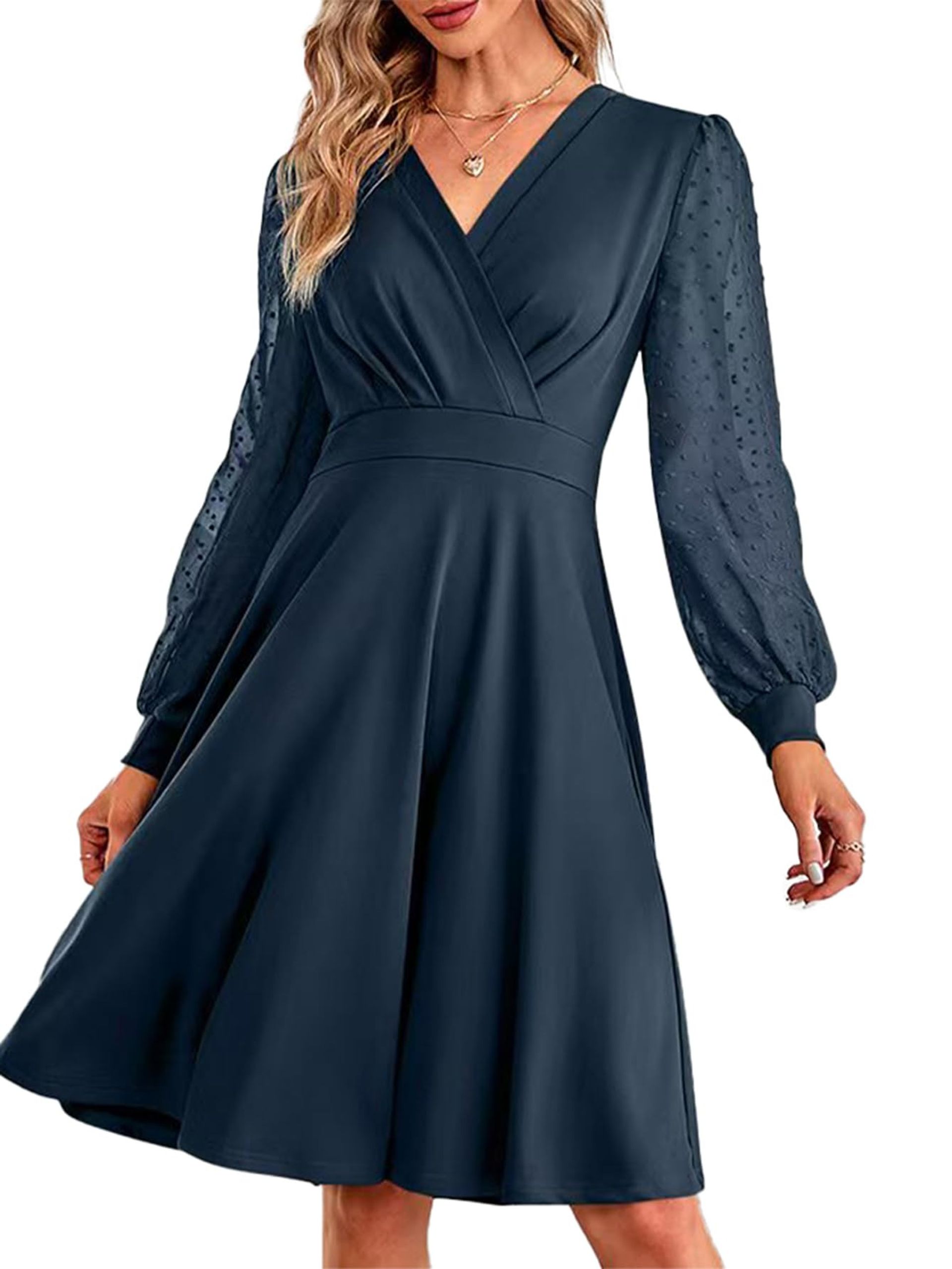 Women's Long Sleeve V Neck Swiss Dot Midi Cocktail Party Dress - Navy Blue L