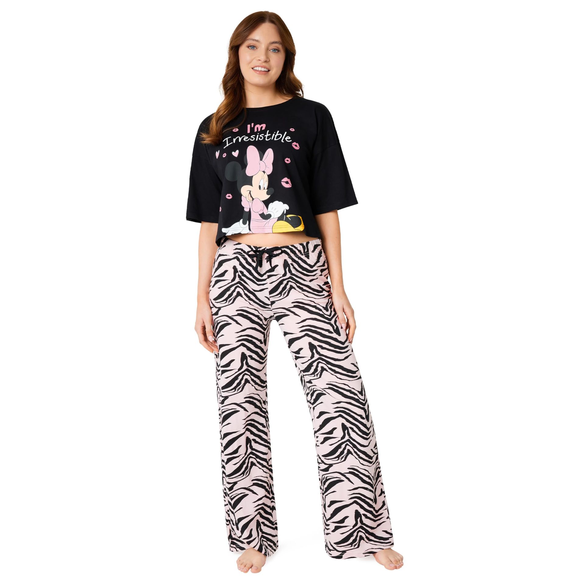 Women's Disney Stitch Pyjama Set Cosy Long Sleeve Loungewear Nightwear Gift - Black/Pink Minnie S
