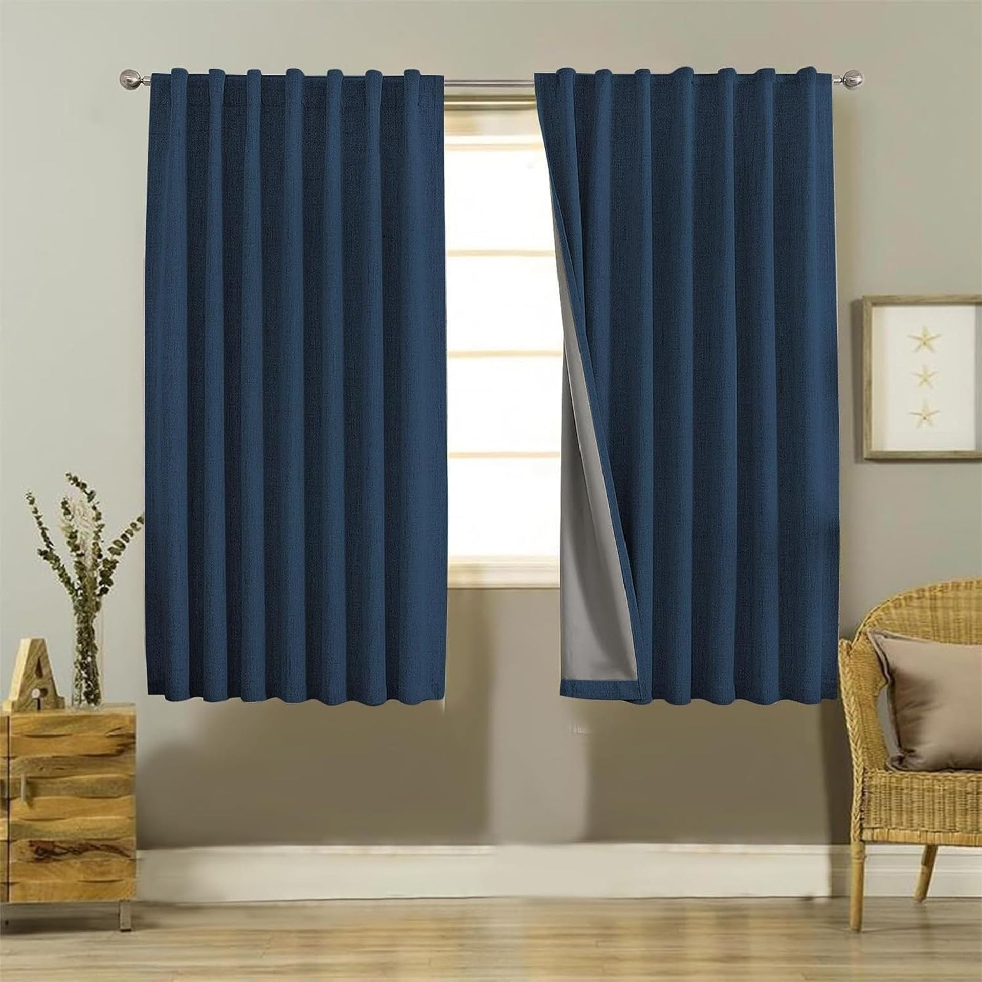 Blackout Thermal Lined Curtains 100% Light Blocking Linen Texture with Back Tabs & Rod Pocket - Navy Blue 46x54 Inch