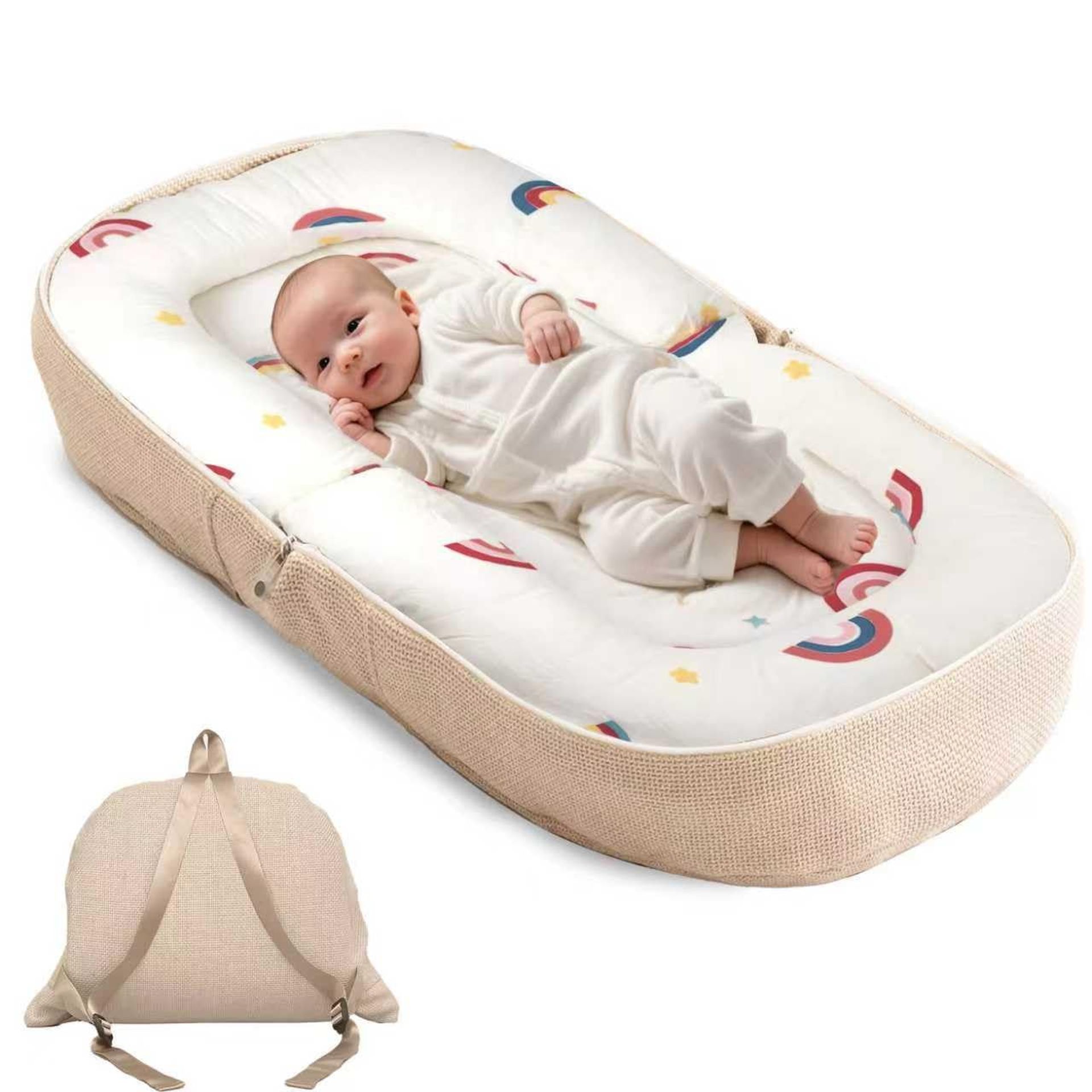 Baby Lounger Foldable Infant Nest Pillow with Memory Foam Mat and Backpack Conversion - White