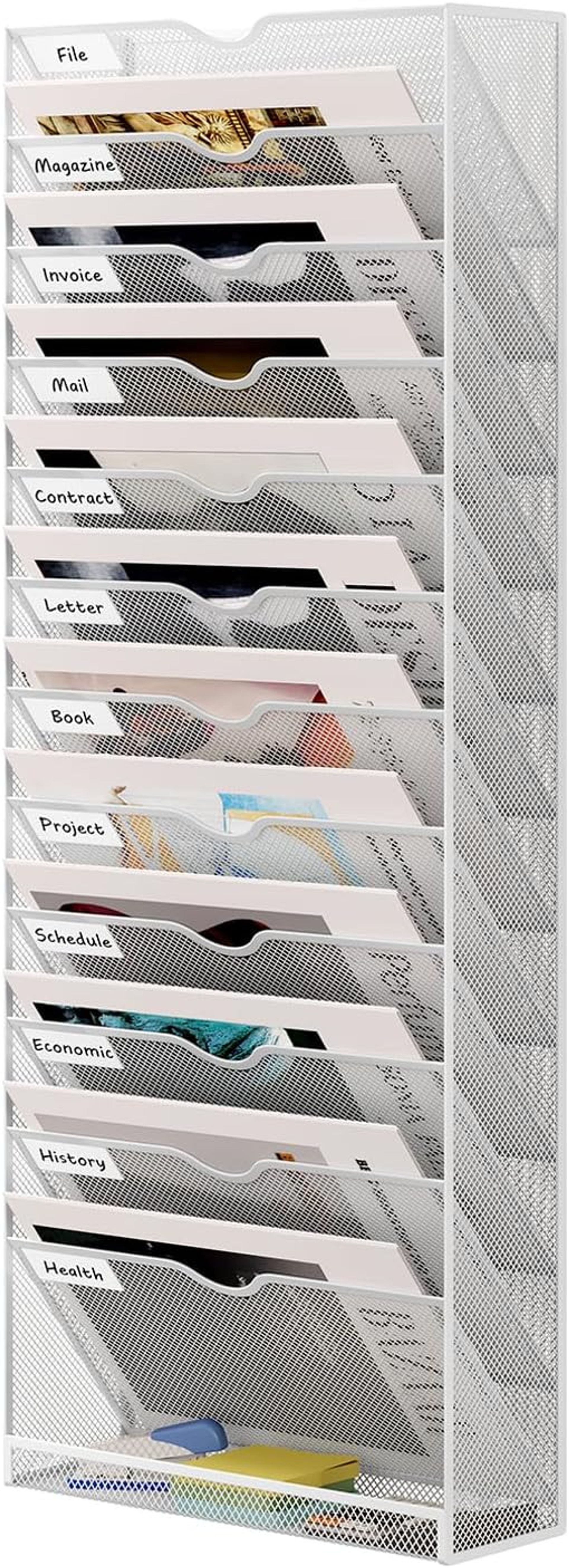 13 Tier Wall Mounted File Holder with Tray, Mesh Metal A4 Document & Magazine Organiser for Office, School or Home