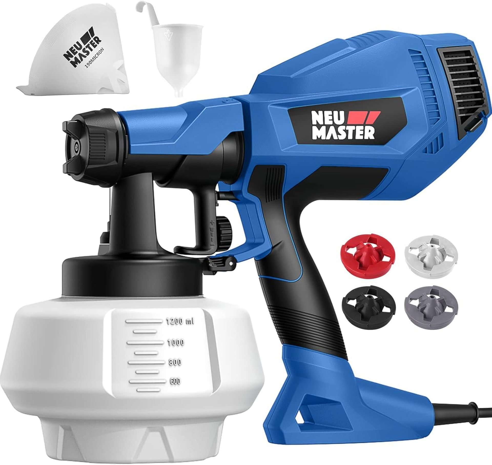 Electric Paint Sprayer 500W HVLP Spray Gun with 1200ml Tank, 4 Nozzles, 3 Spray Patterns for Home, Fence, and Furniture - Blue NSG0110