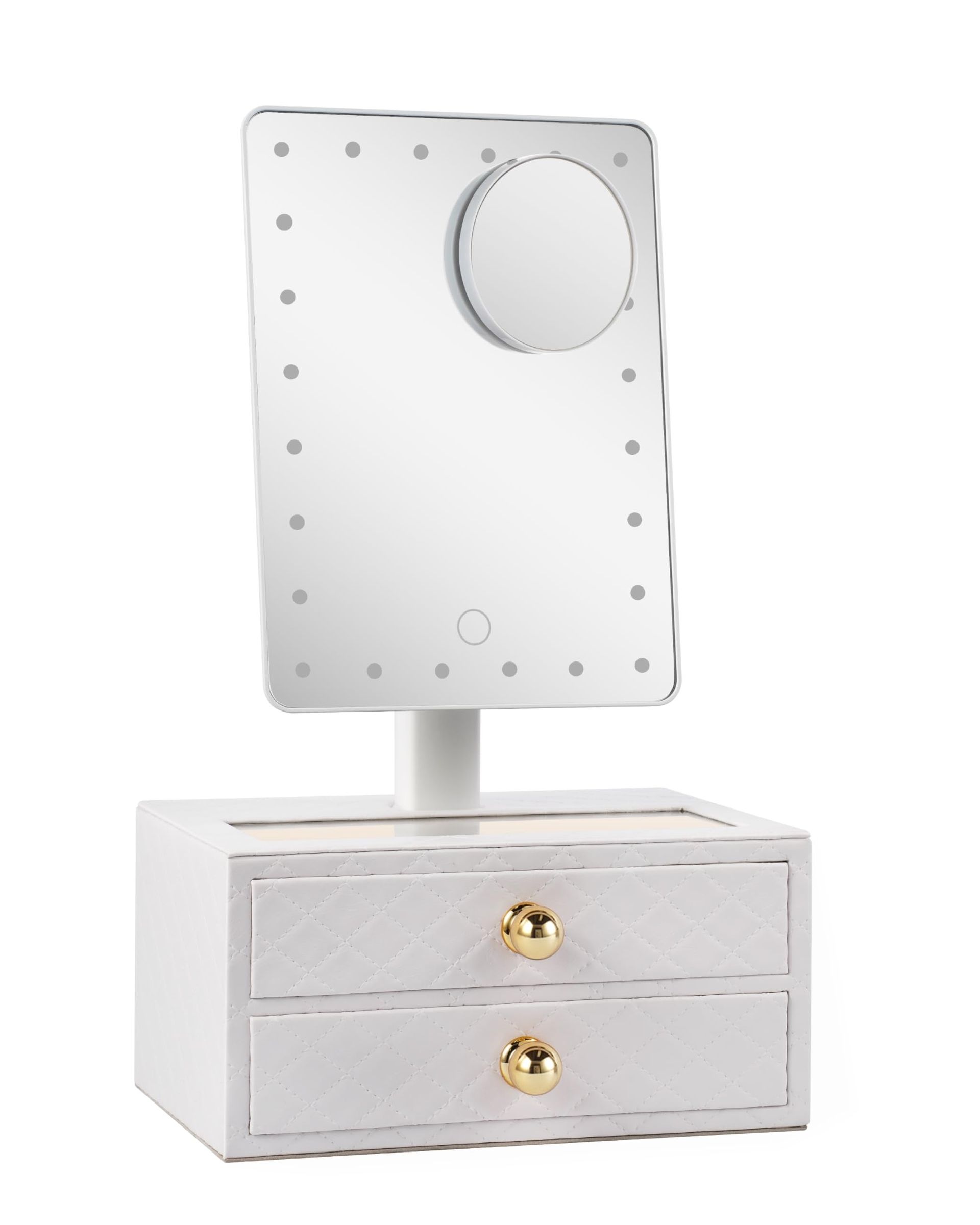 Lighted Makeup Mirror with PU Jewellery Organiser 2-in-1 Design, Dimmable 6000K Cool White Light, 2-Layer Drawers, Includes 10X Magnification Mirror - White 42L x 24.8W cm