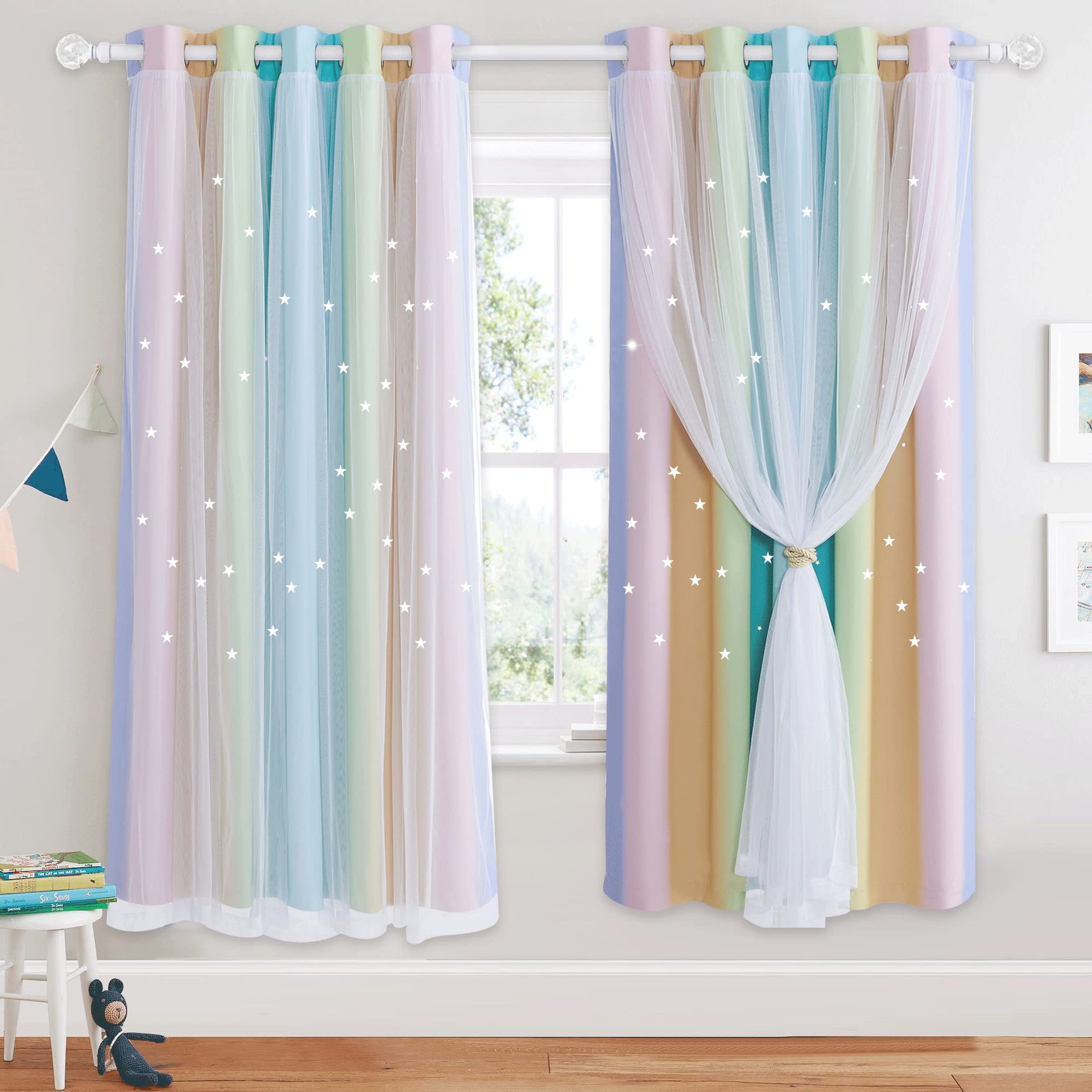 Rainbow Kids Blackout Curtains Star Cut Out Double Layer with Voile Thermal Privacy for Nursery or Bedroom - Rainbow W52 x L72 Inch
