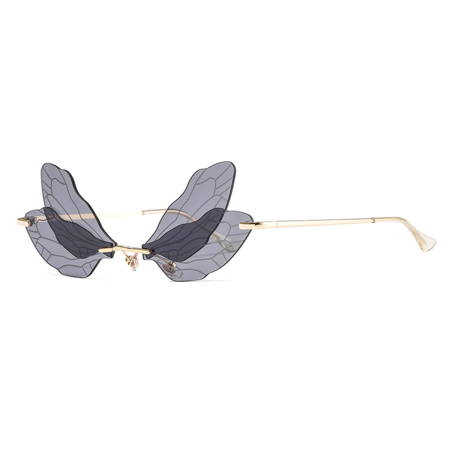 Fashion Rimless Dragonfly Butterfly Wing Sunglasses Party Cosplay Cute Funny Glasses - Mirror-Green+Mirror-Red M