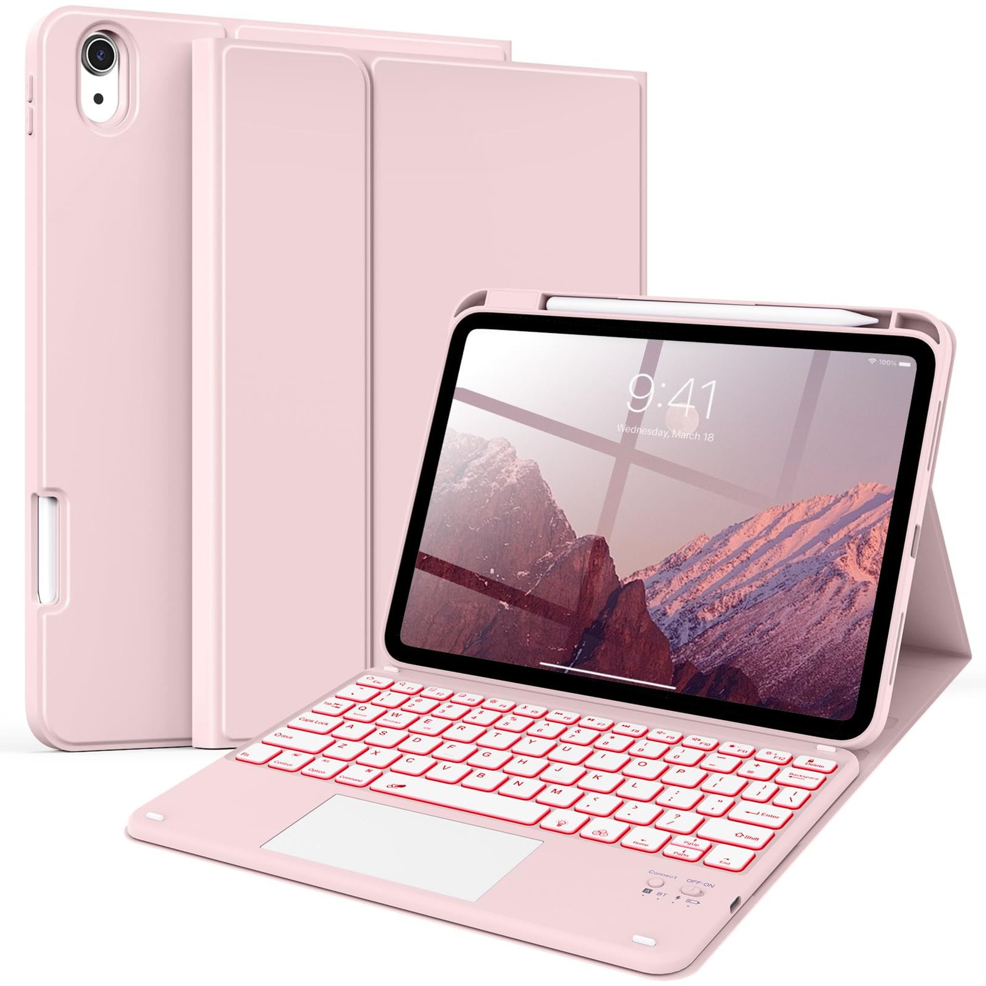 Keyboard Case for iPad 11th/10th Gen 11/10.9 Inch Wireless Bluetooth Detachable with Touchpad, 7-Colour Backlit, UK QWERTY Layout - Pink - Student Essentials