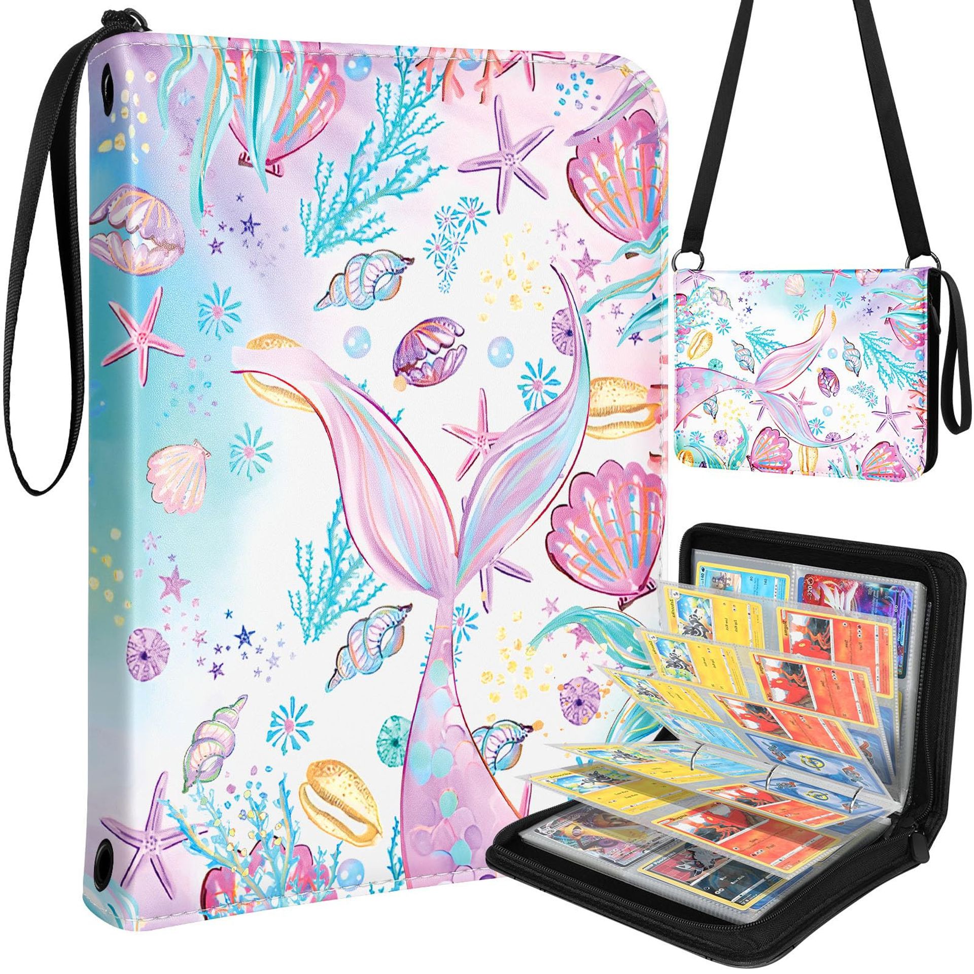 Trading Card Binder 4-Pocket Album with 440 Sleeves Zipper & Strap - Purple Fish 9x12 inches