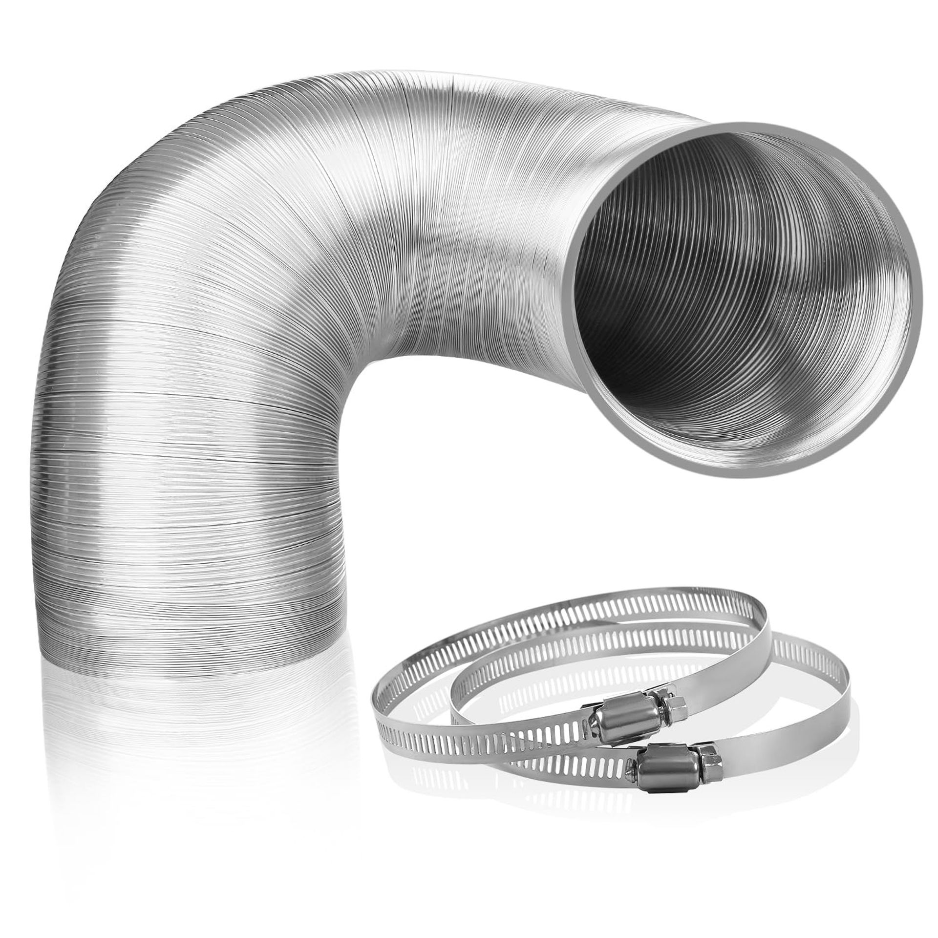 Flexible Exhaust Vent Hose Pure Aluminium Duct with 2 Stainless Clamps for Extractor Hood or Dryer - Silver 125mm x 3m