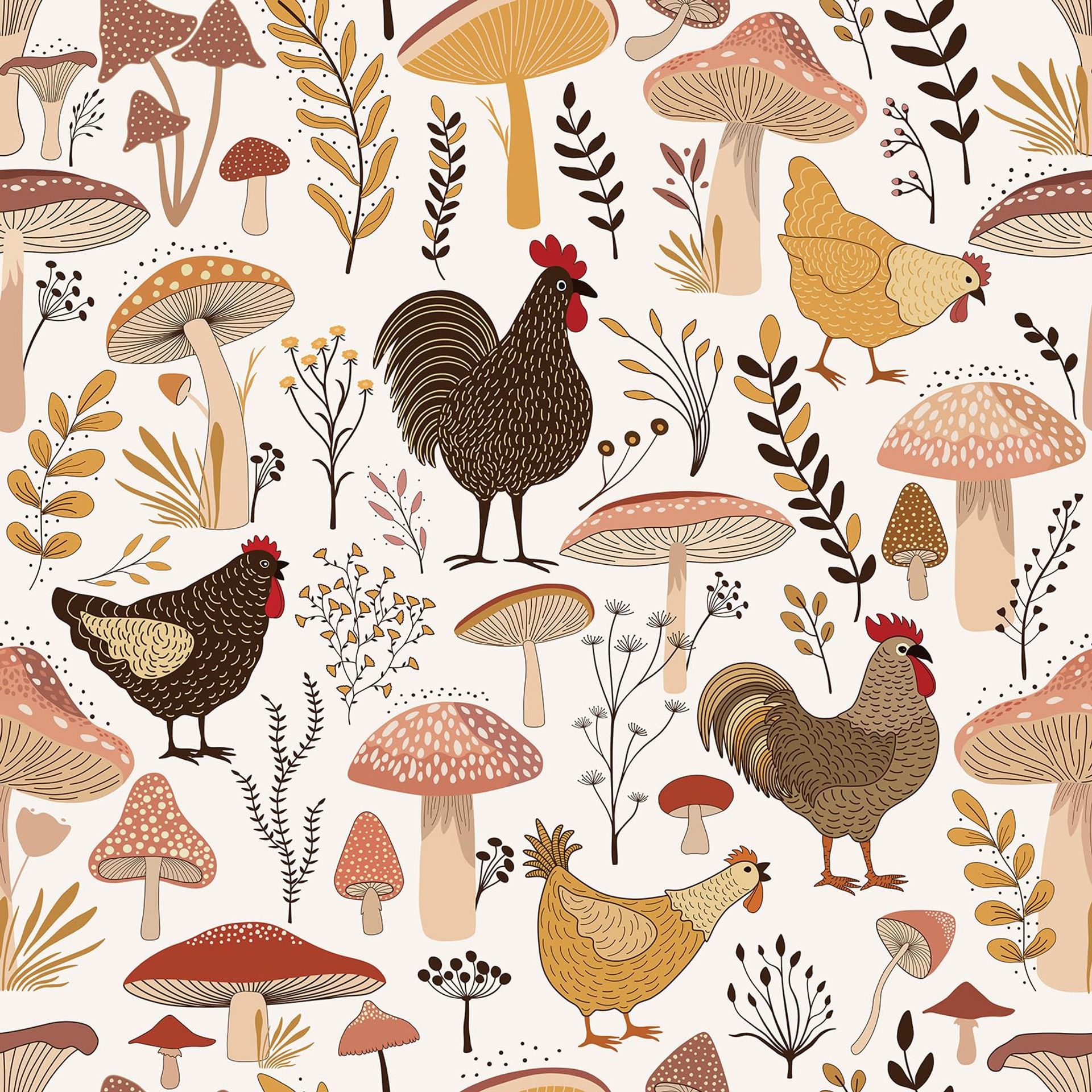 Self Adhesive Wallpaper Vinyl Wall Covering Mushroom Rooster Pattern for Nursery, Cabinets & Drawers - White Beige 44.5x700cm - Spring Refresh