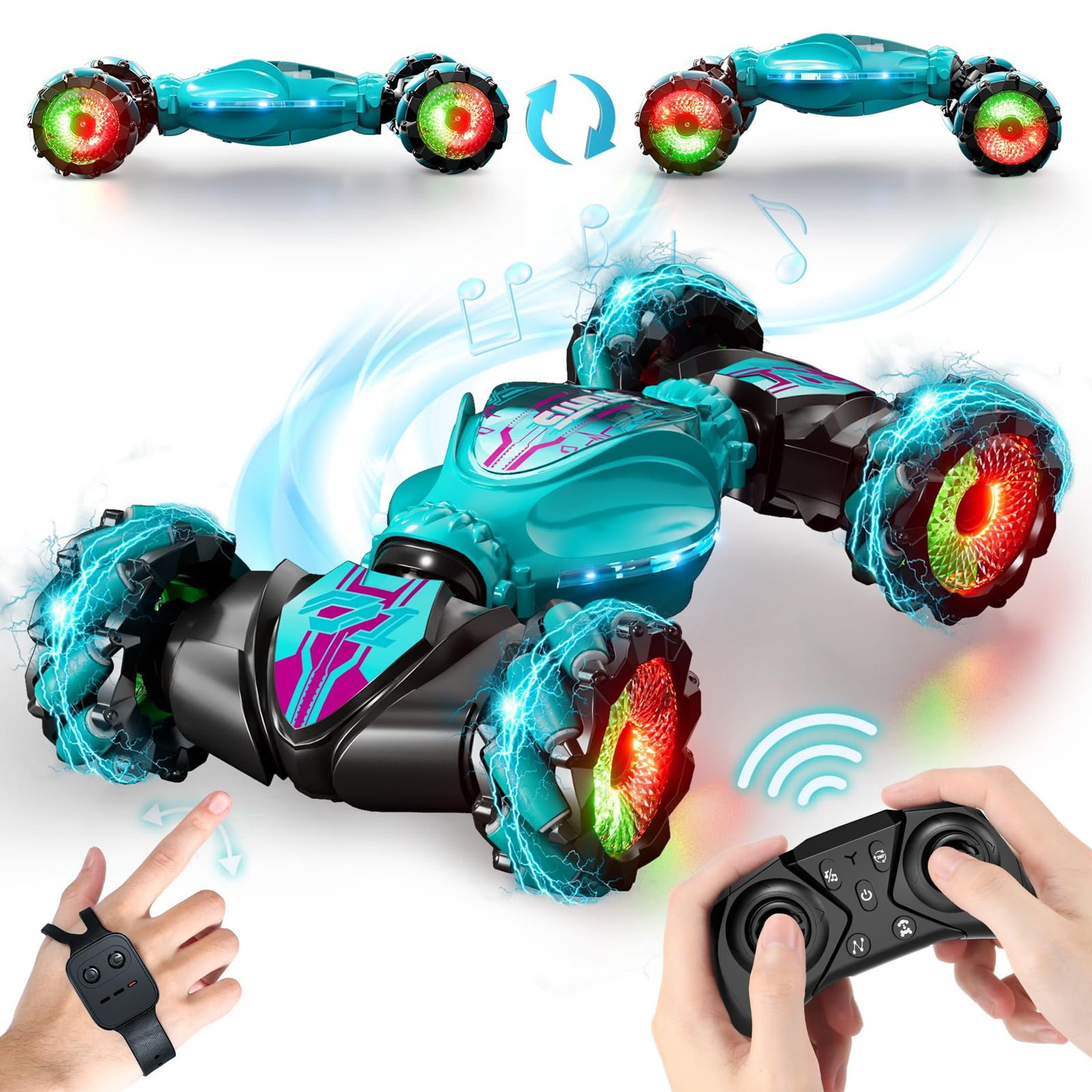 Remote Control Stunt Car 2.4GHz 4WD Gesture Sensing 360° Rotation with Lights & Music for Kids Age 8+ - Green Small