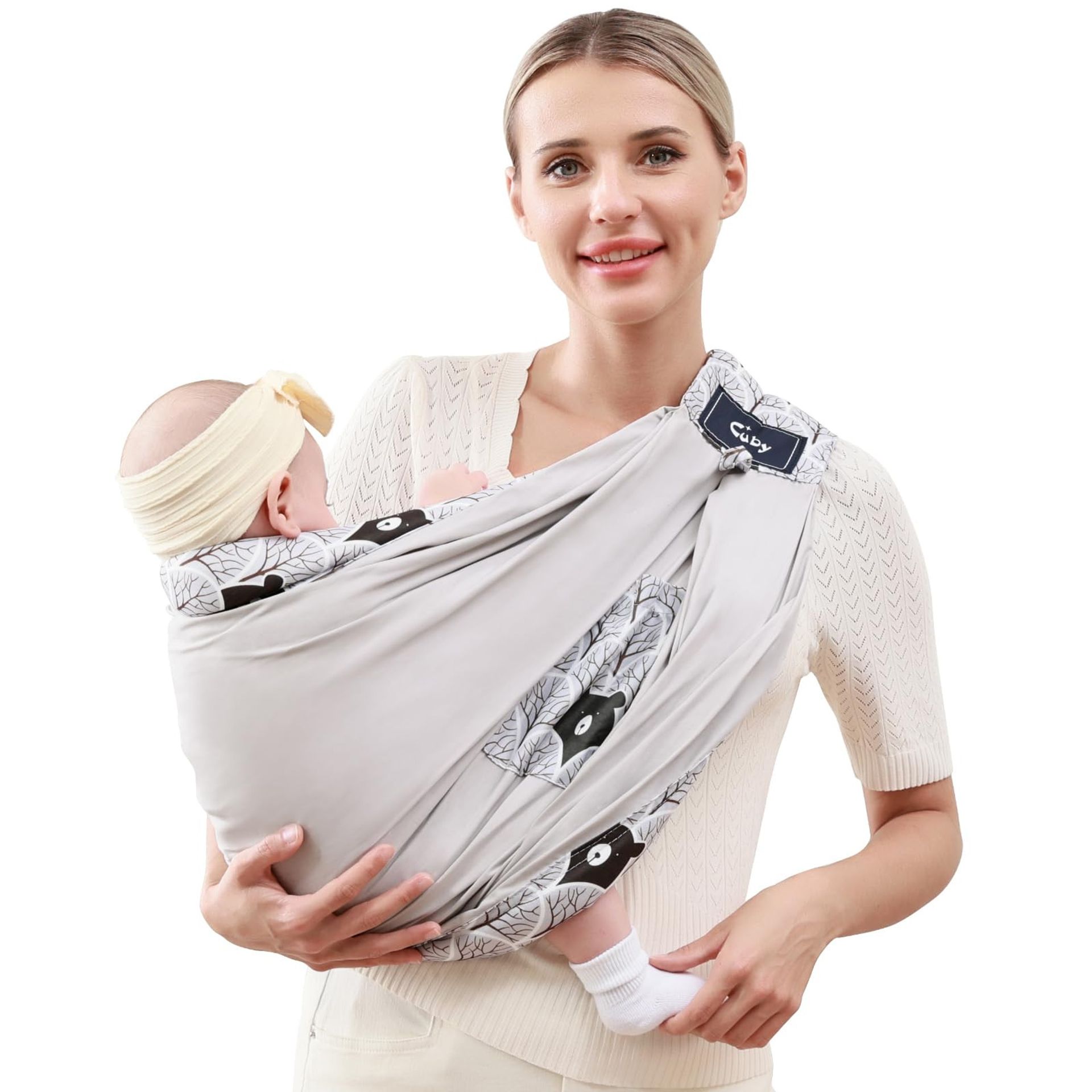 Baby Sling Carrier Natural Cotton Adjustable Wrap for Newborns & Toddlers Comfortable Nursing Support - Cotton Grey Bear