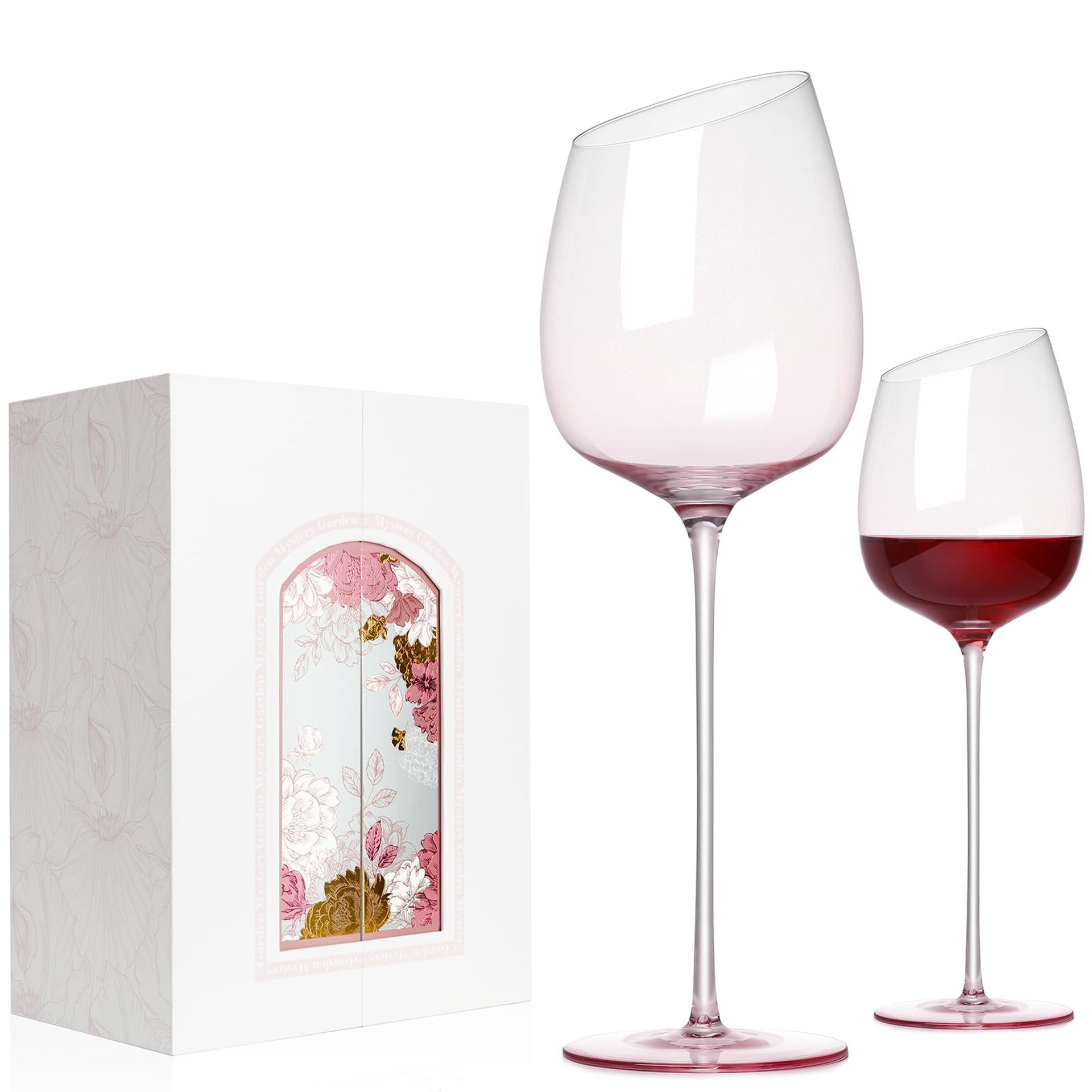 Set of 2 Hand-Blown Crystal Red Wine Glasses Elegant Long Stem Gift Box - Pink Tall - Spring Refresh