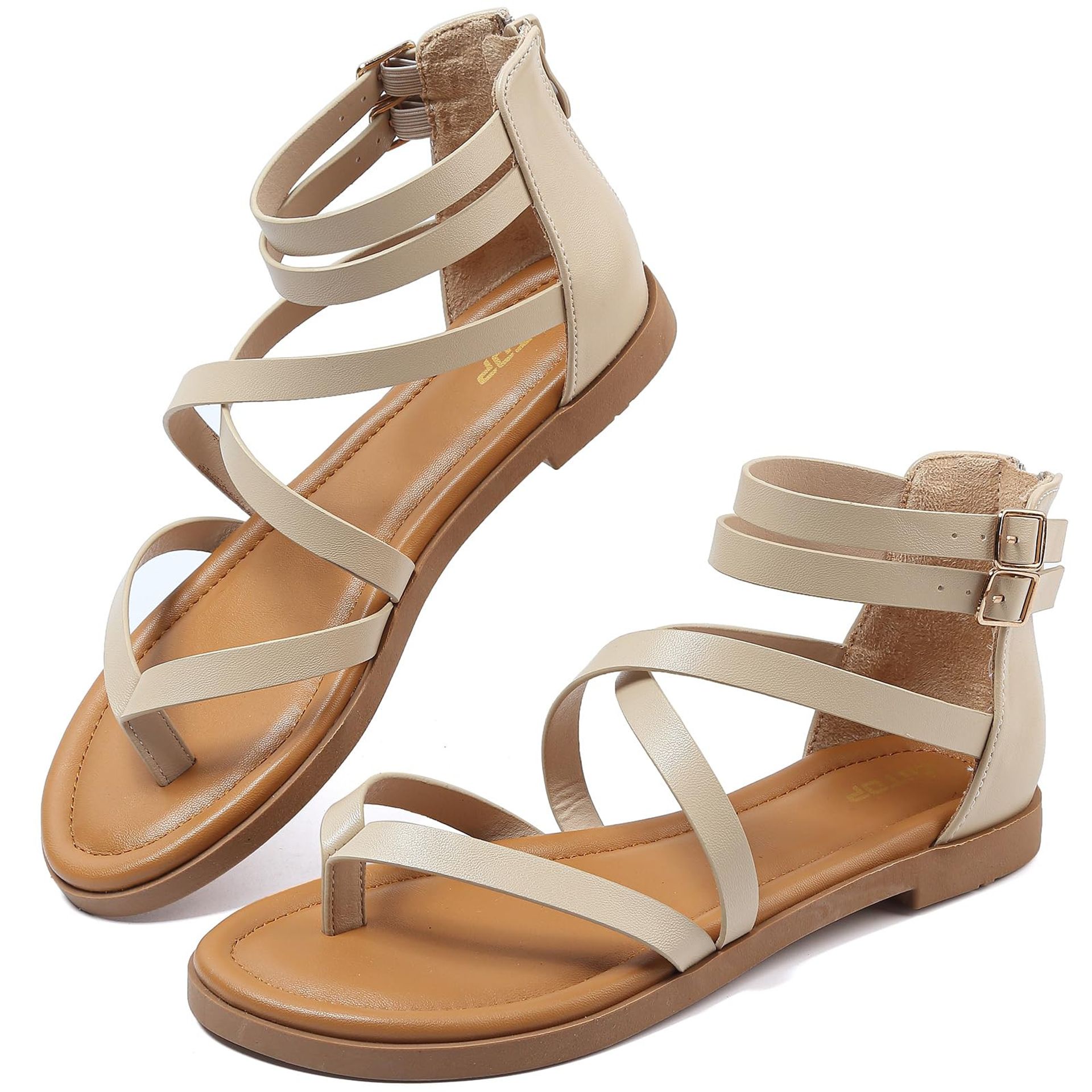 Women's Gladiator Sandals Roman Style Flat Strappy Thong with Back Zipper and Soft Footbed - Beige UK 7.5
