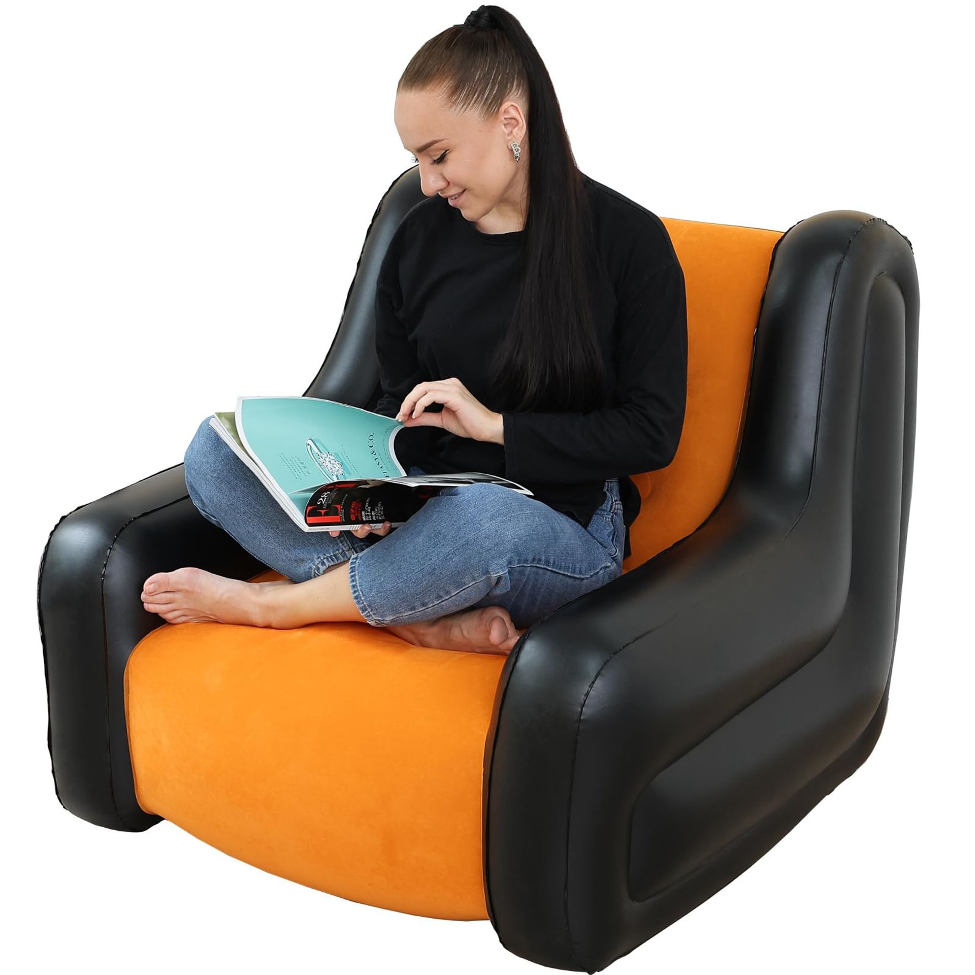 Inflatable Two-Tone Chair Sofa with Armrests Soft Plush Fabric Lounger for Indoor & Outdoor Use - Orange One Size