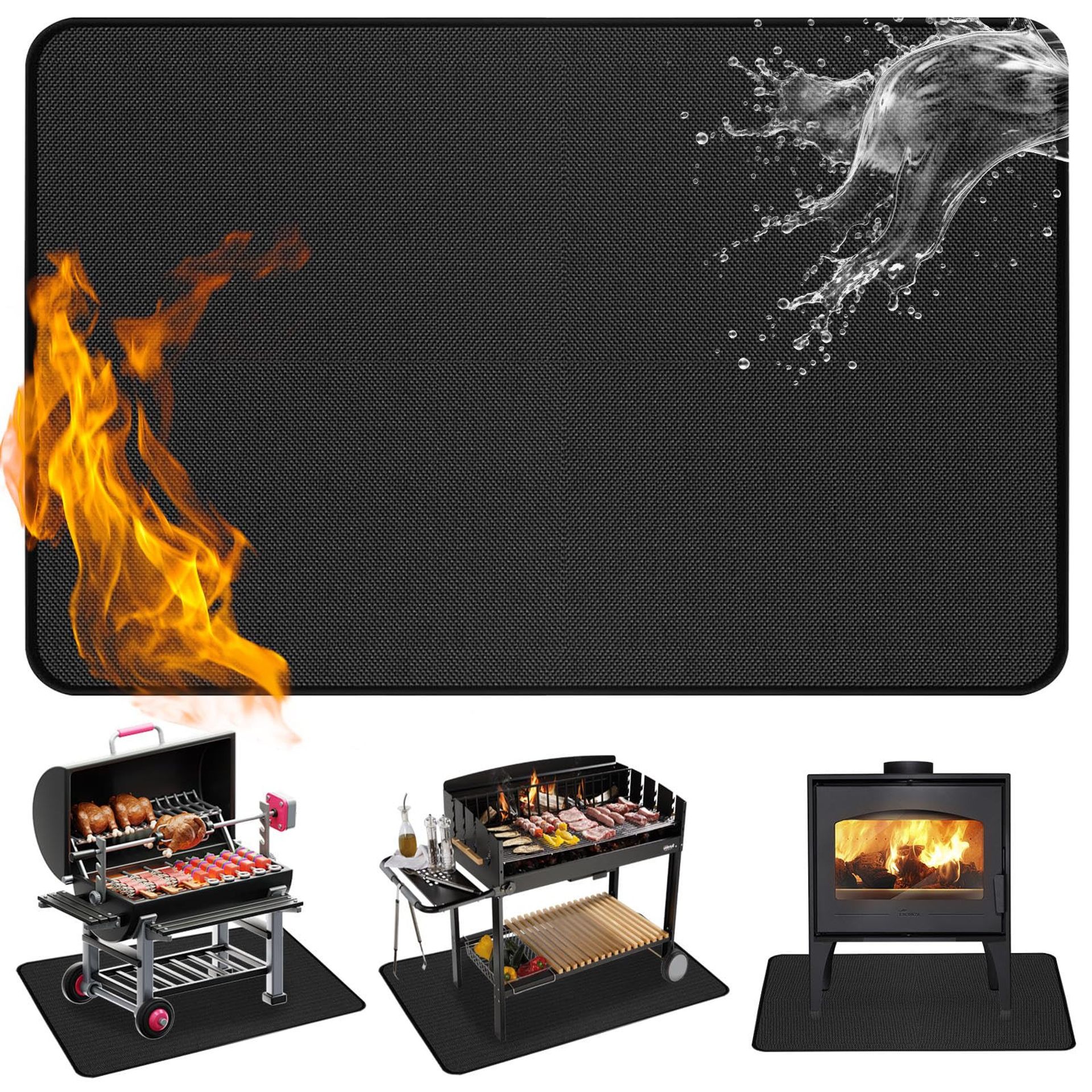 BBQ Floor Protection Mat Fireproof Heat Resistant for Grill Fire Pit & Decking - Black 150x100cm with Eyelets