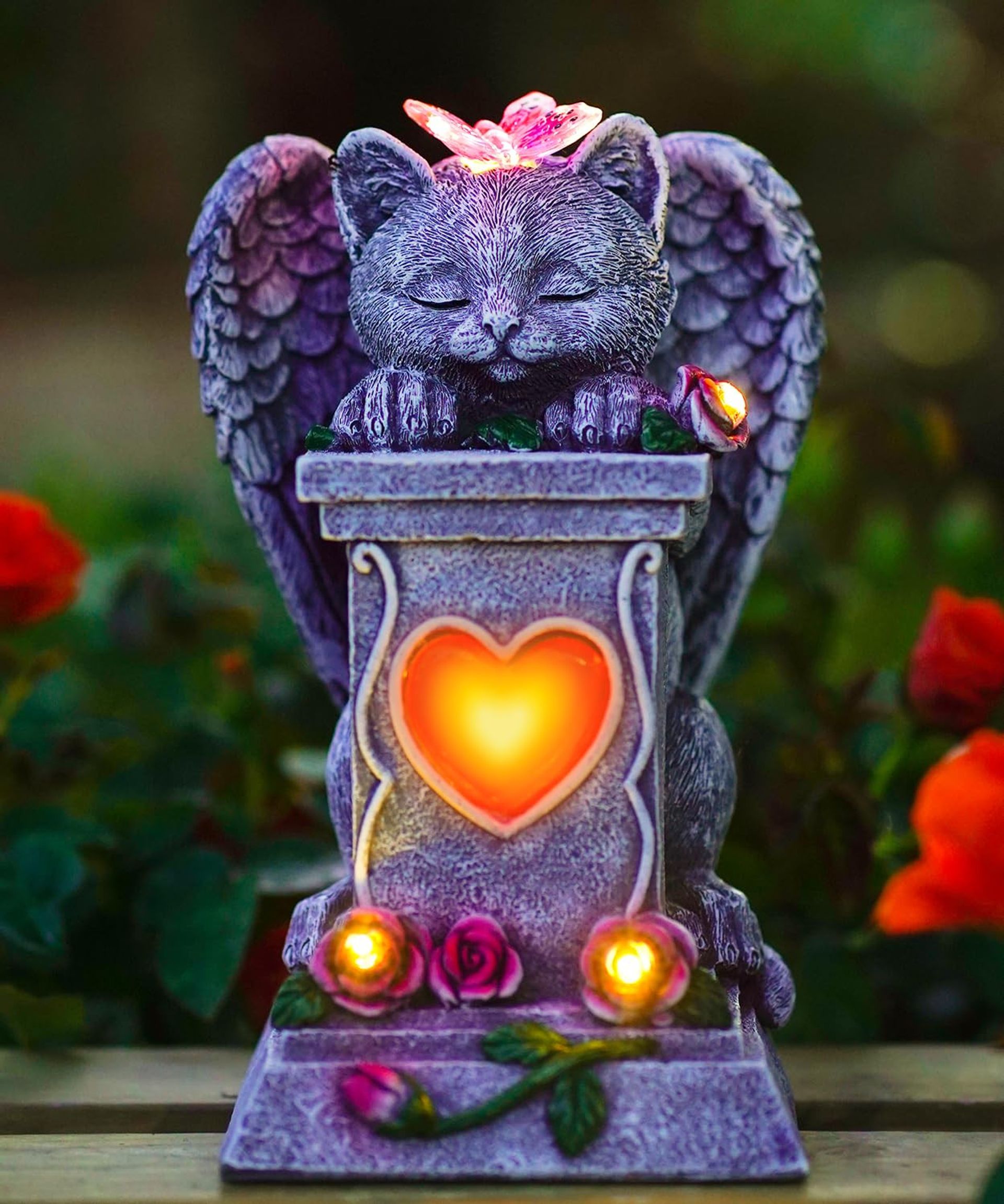Solar Cat Memorial Statue with Angel Wings Weatherproof Outdoor Ornament with LED Light for Garden & Pet Grave - Cat 30 cm