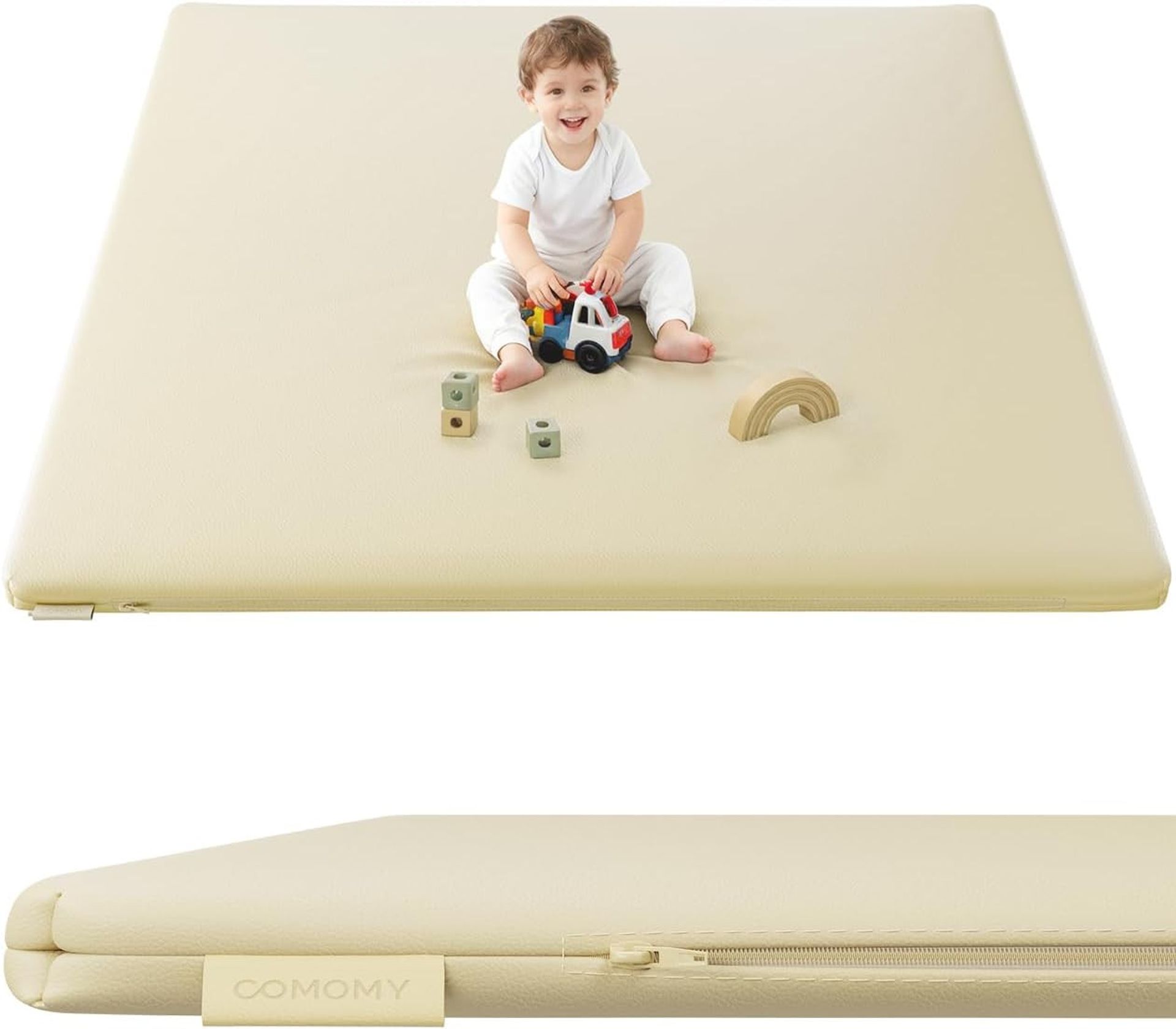 Vegan Leather Baby Play Mat Extra Thick Soft Foam Easy Clean Floor Mat for Infants and Toddlers - Beige 127x127 cm