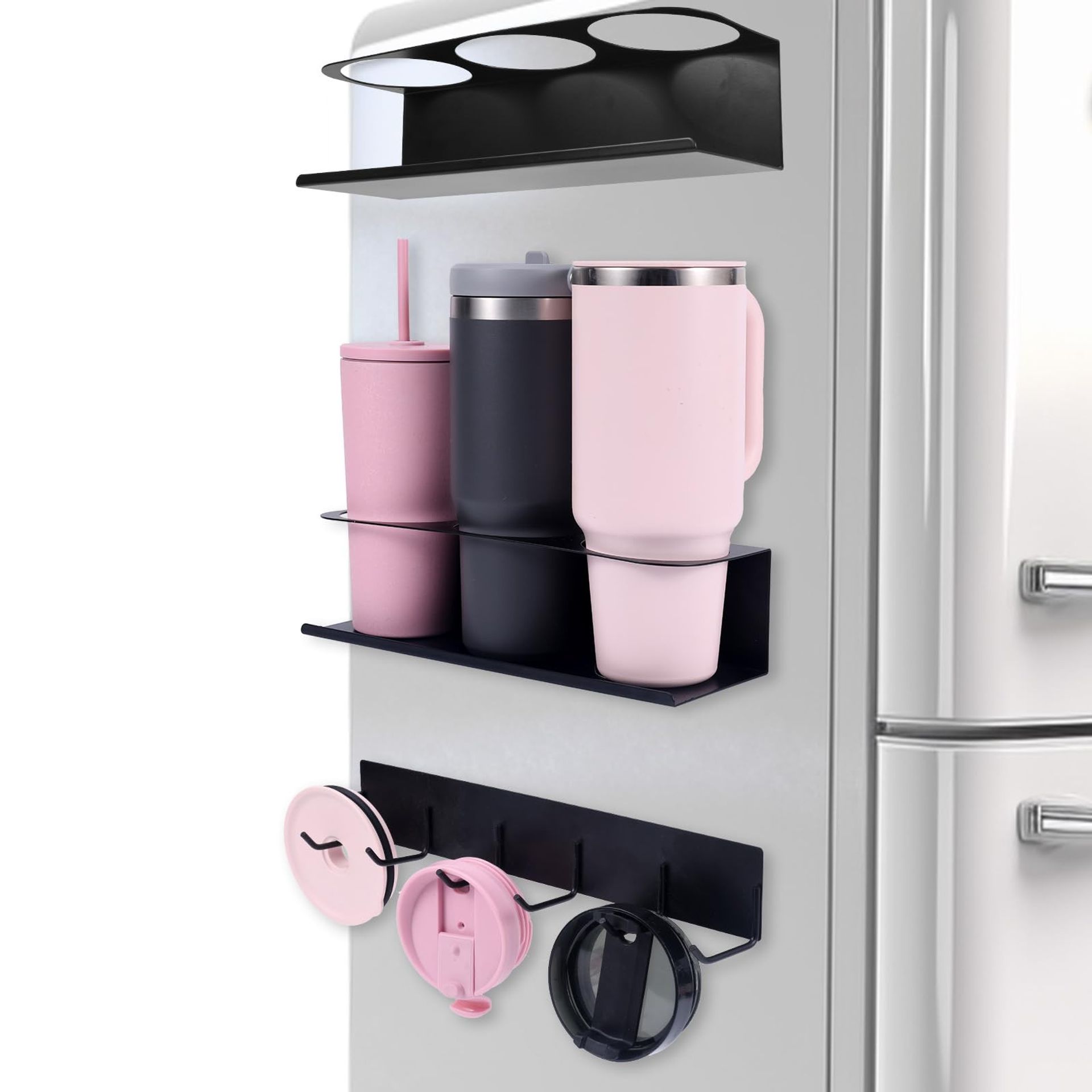 Magnetic Cup Holder Set for Fridge 2-Piece Carbon Steel 6-Slot Organiser with Lid Rack - Black - Student Essentials