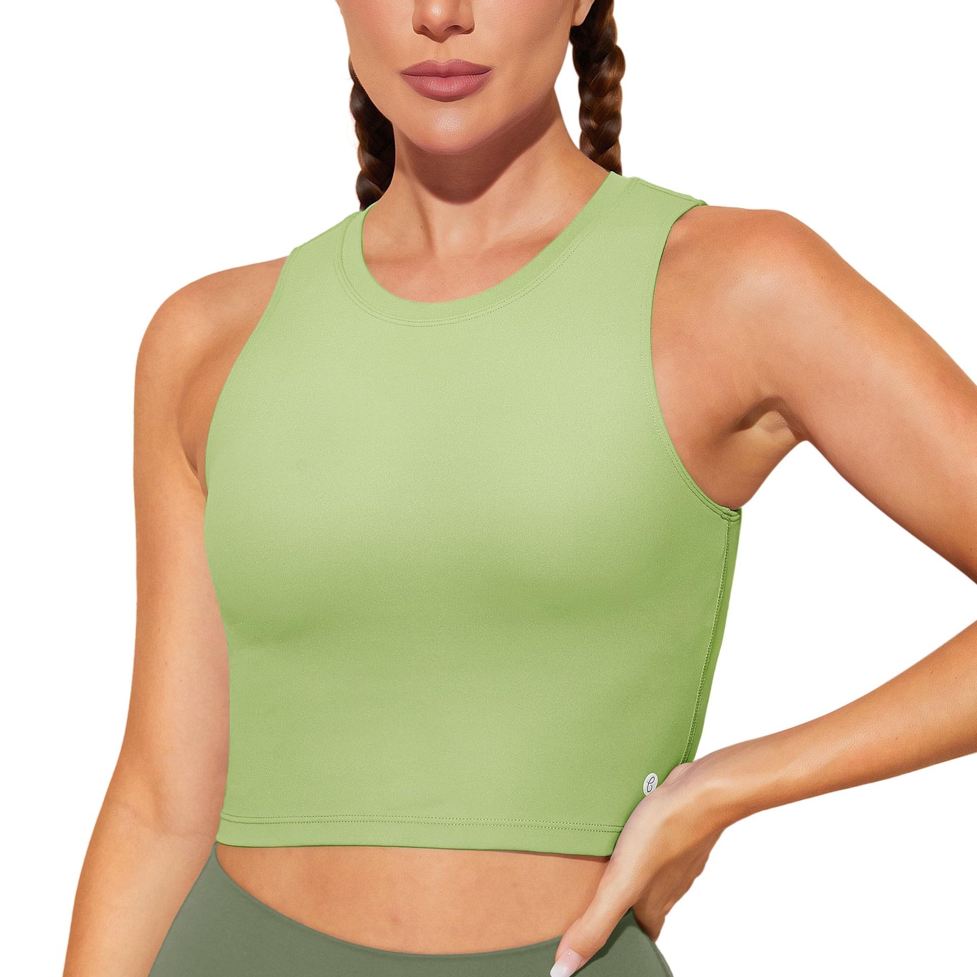 Women's Longline Sports Bra High Neck Removable Padded Yoga Top - Rosemary Green XL