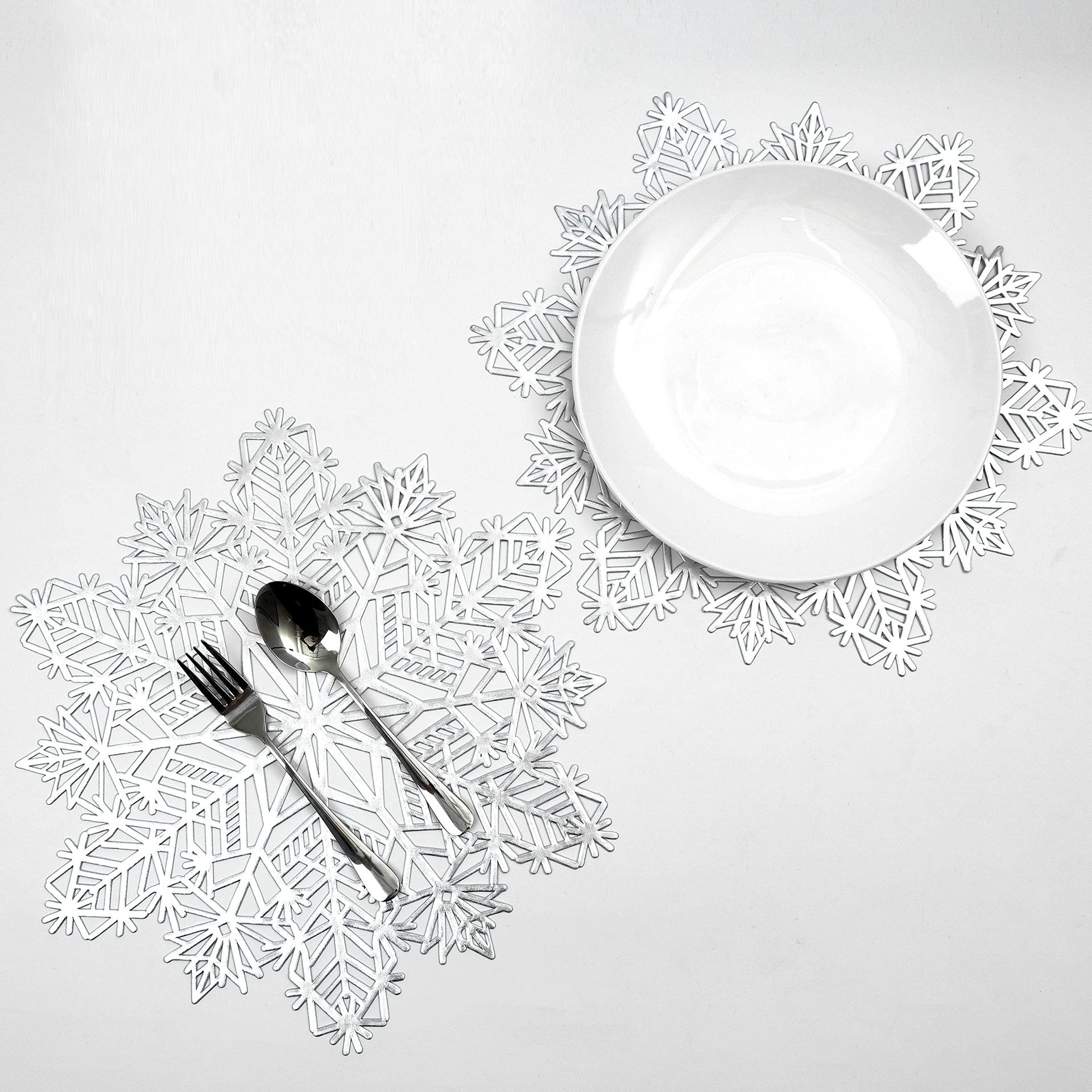 Snowflake Placemats Set of 12 Laminated Metallic Vinyl Round 15-inch Winter Table Decorations - Silver 15-inch