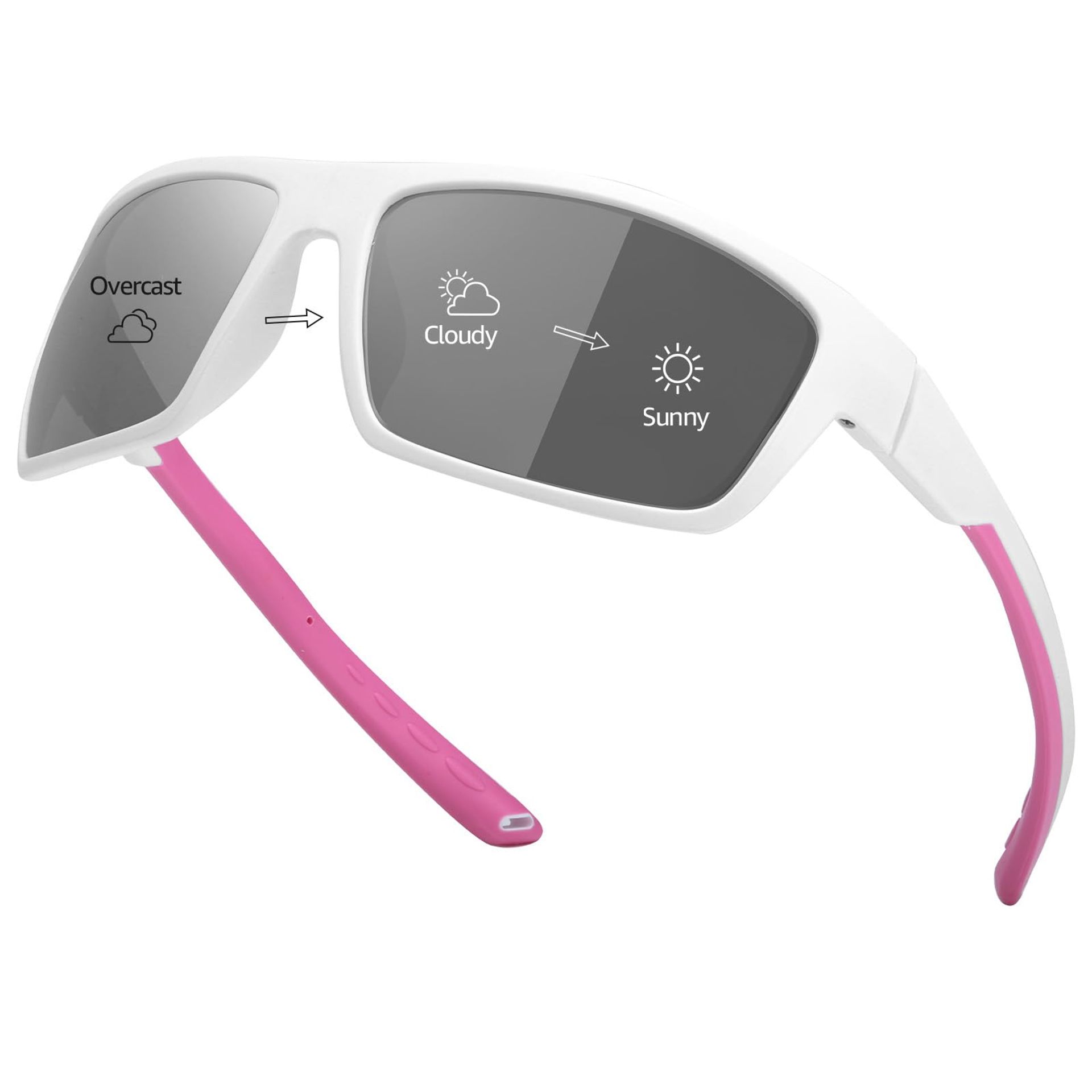 Men's Photochromic Polarised Sunglasses UV400 Protection for Cycling, Driving & Running - White Pink Frame/Photochromic Lens