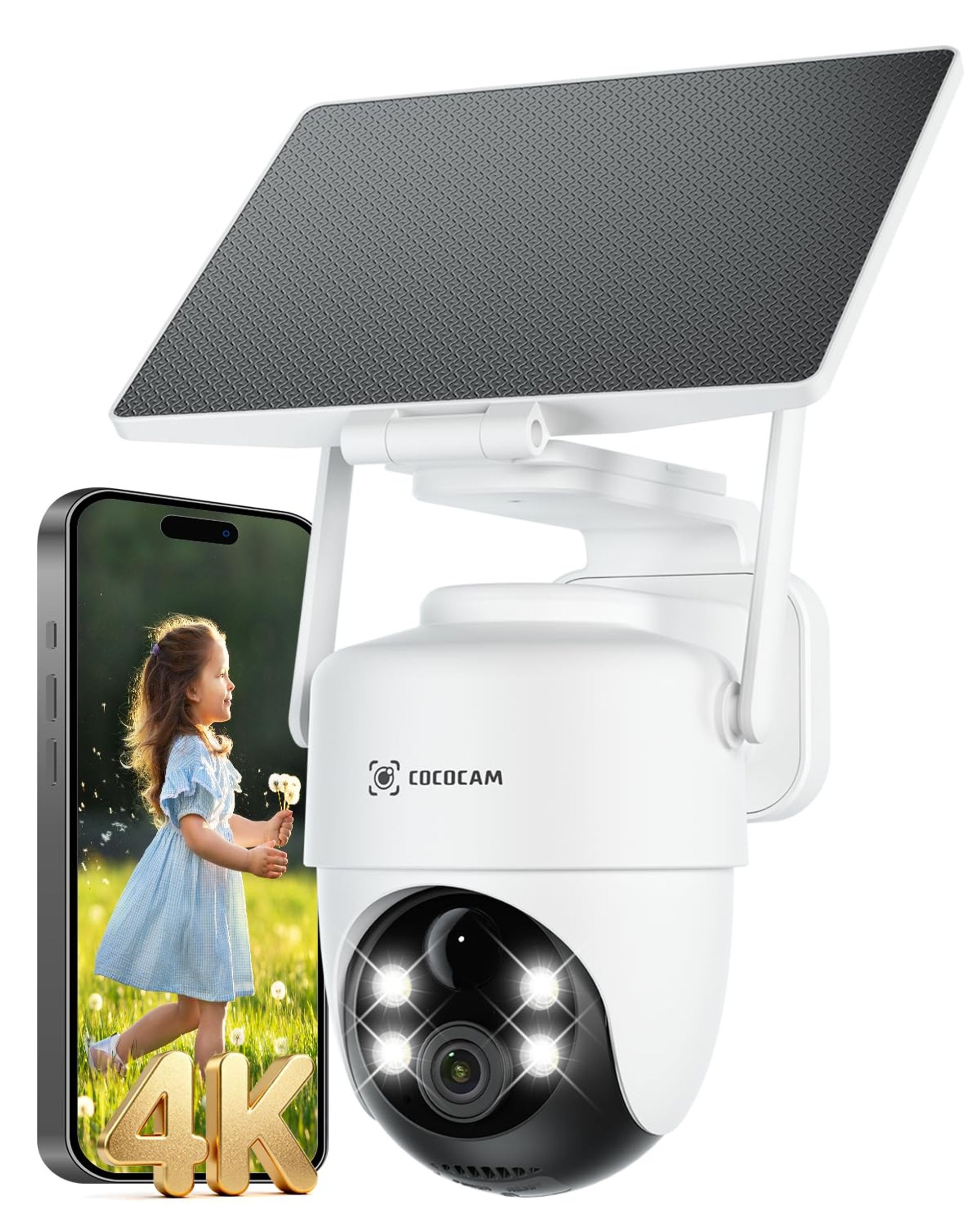 Wireless 4K 8MP Outdoor Security Camera WiFi with Solar Panel, 10000mAh Battery, AI Human Detection, Two-Way Audio, IP66 Waterproof - White ZS-GQ2