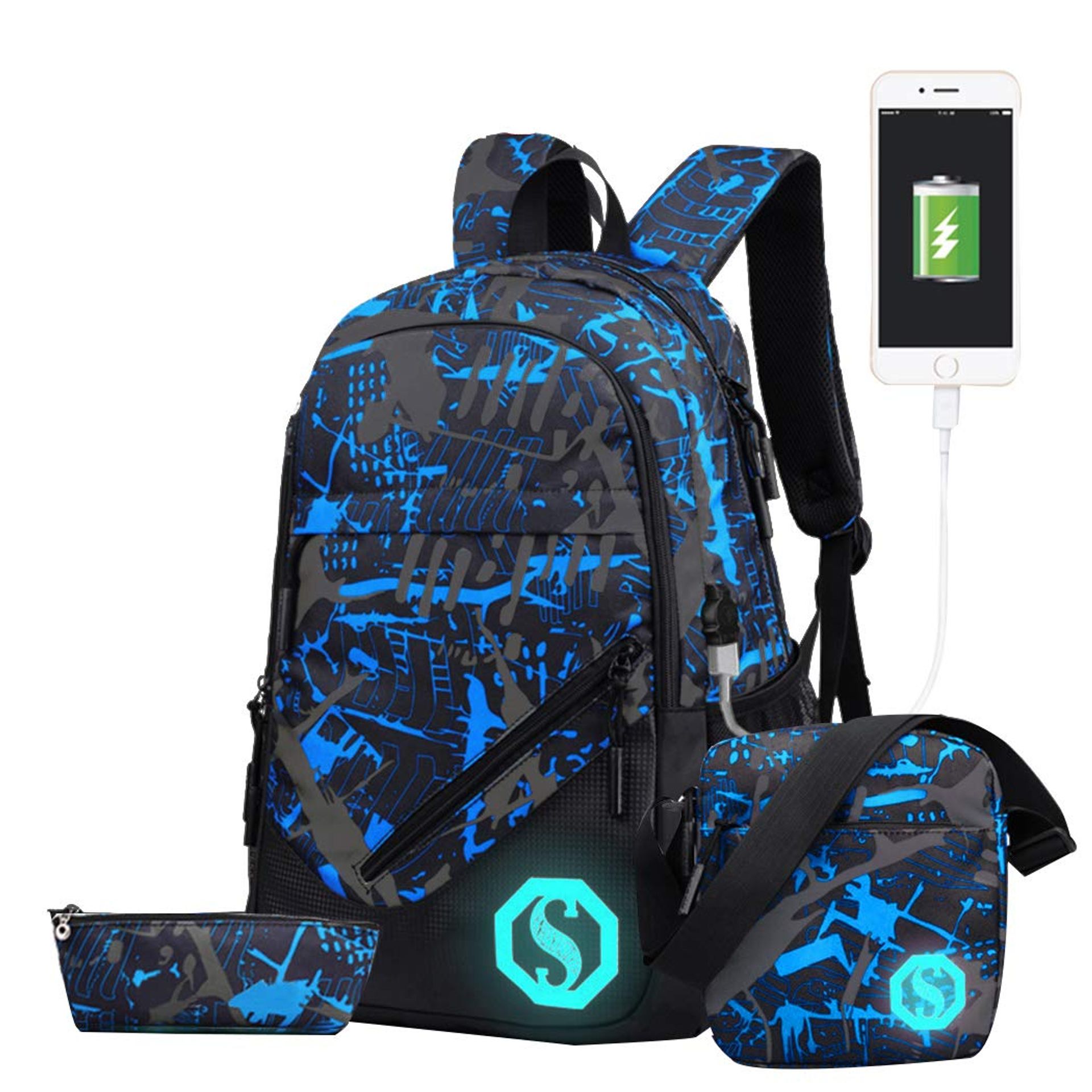 Unisex School Backpack Set with USB Port & Reflective Design 20L - USB ColourG 3 Sets