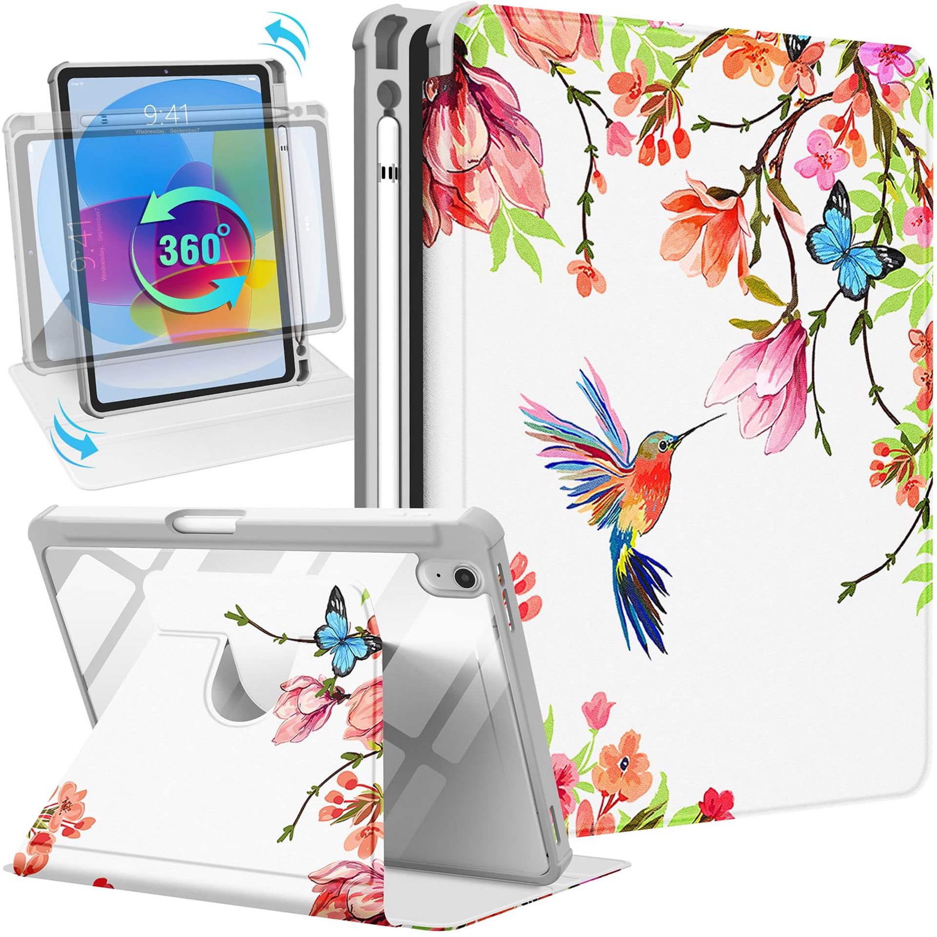 iPad 10th Generation 10.9 Inch Rotating Stand Case with Pencil Holder and Auto Wake Function - Flower Bird