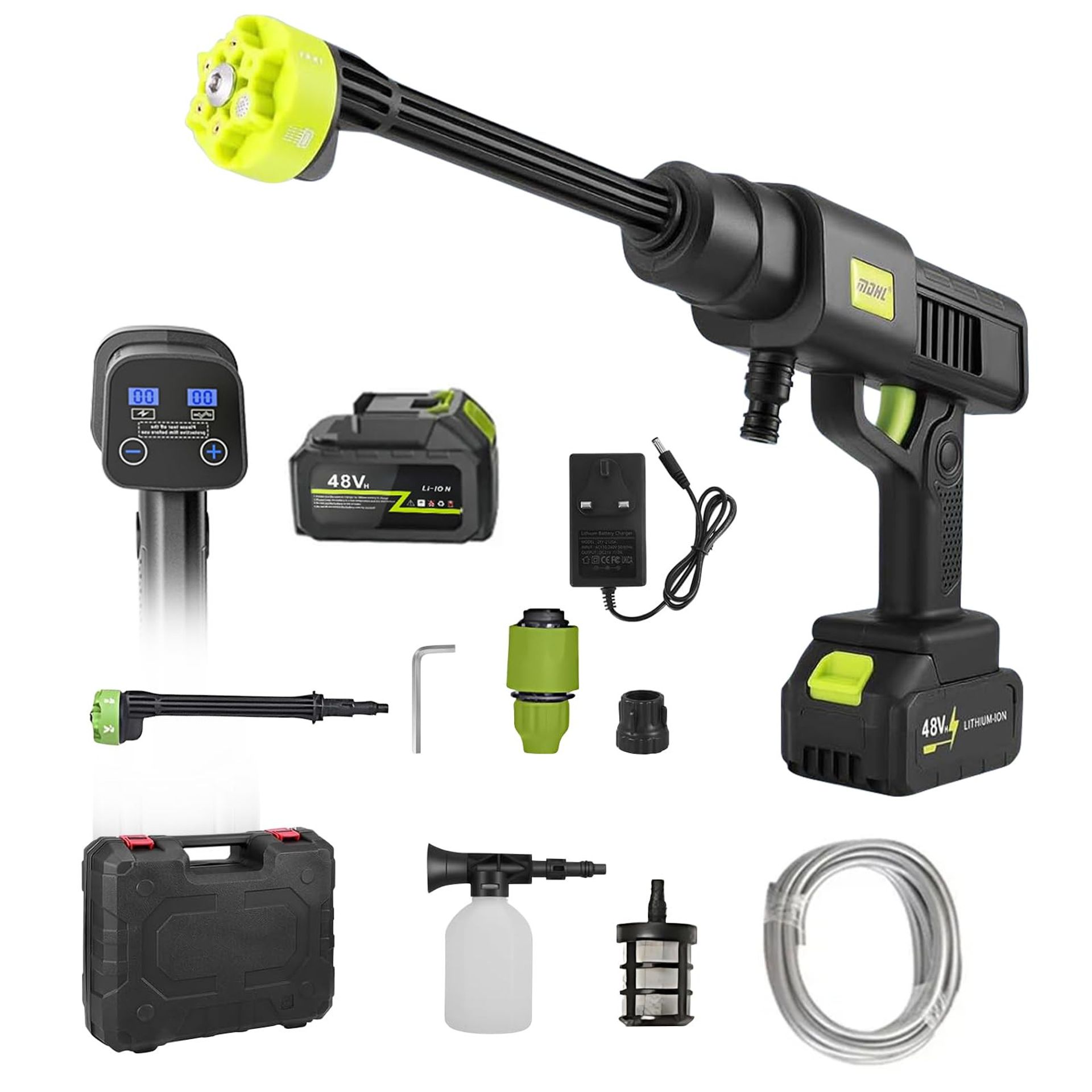 Cordless Pressure Washer 21V 300W Touch Screen 6-in-1 Nozzle Dual Battery 10 Pressure Settings for Car and Garden Cleaning - 1 Battery