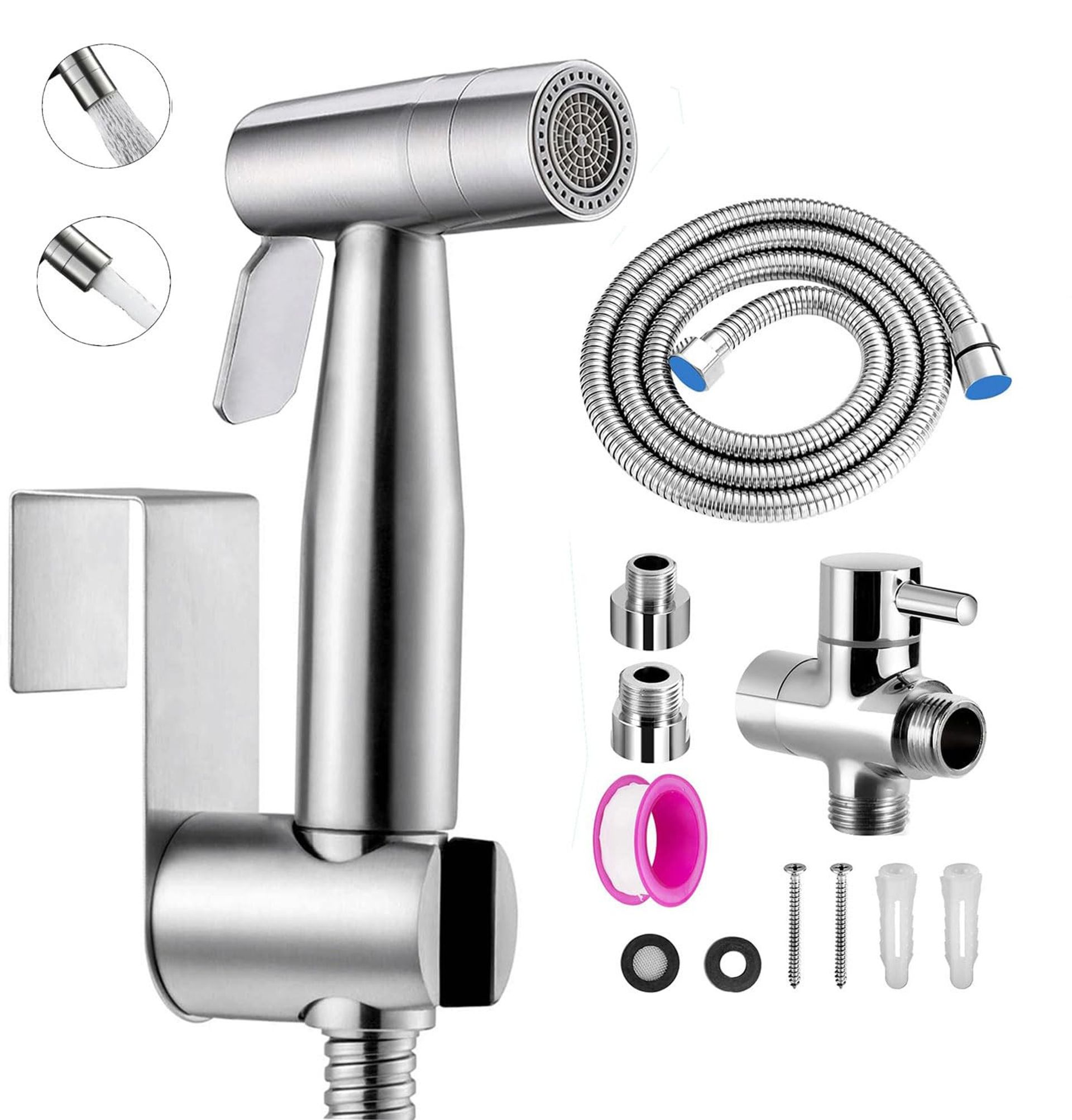 Bidet Shower Kit 2 Modes Stainless Steel Handheld Toilet Sprayer Set with T-Valve, 1.5m Hose & Holder - Silver T-43