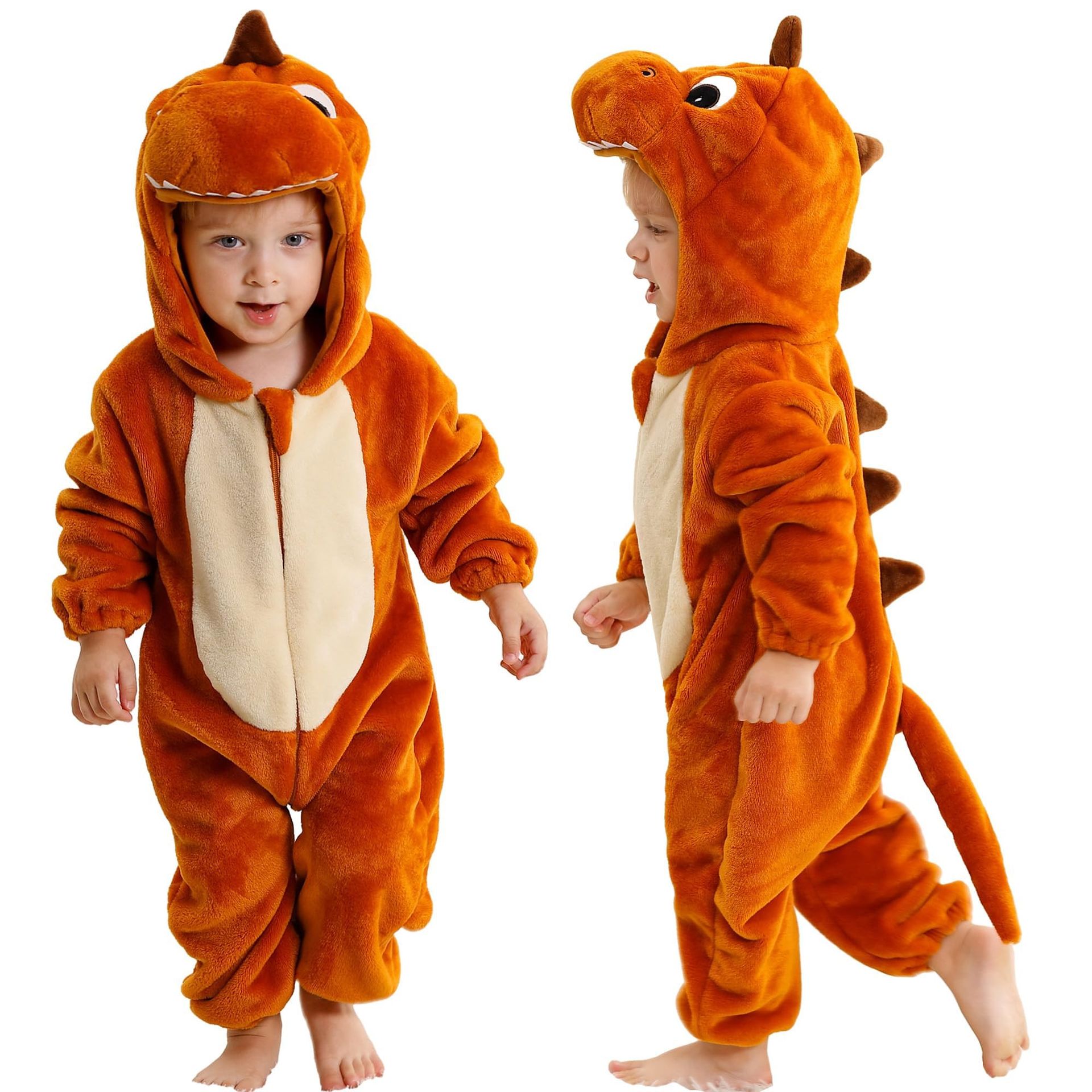 Baby Flannel Cartoon Hooded Romper Zip-Up Toddler Playsuit Cosy Animal Jumpsuit - Orange Dinosaur 3-6 Months