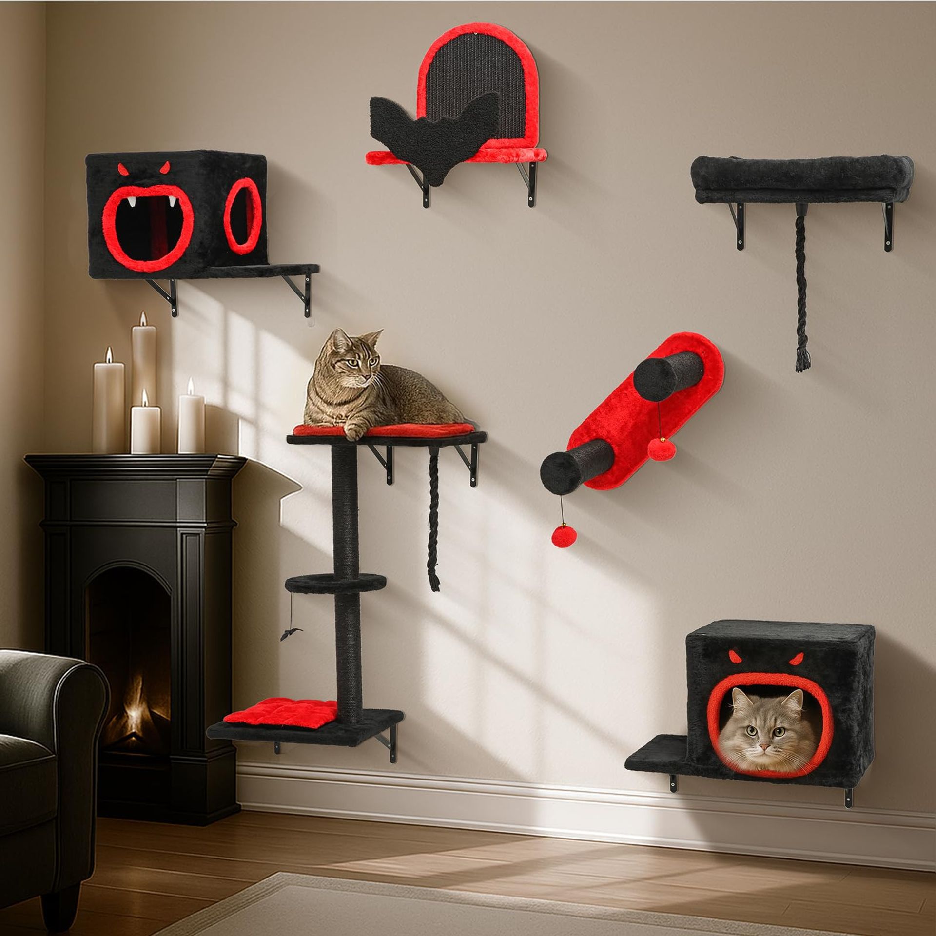Gothic Cat Climbing Frame 6-Piece Wall Furniture Set with Bed, House and Scratching Posts - Black Red 6 PCS