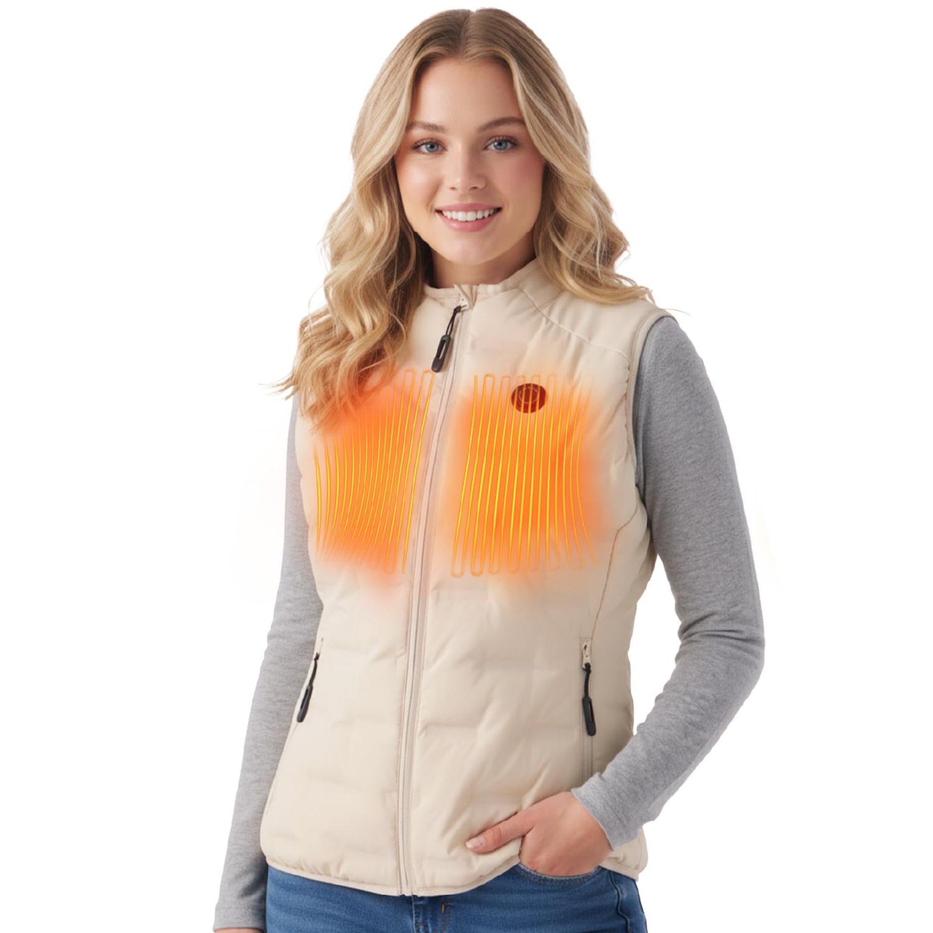 Women's Heated Gilet Lightweight Quilted Electric Warming Vest with 4 Heating Zones and Dual Power Banks - Cream White M
