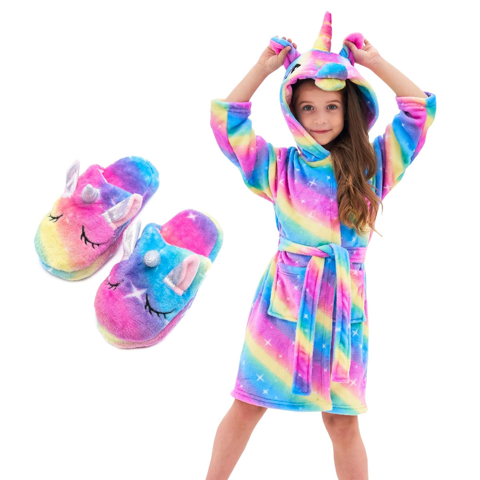 Girls Unicorn Dressing Gown Soft Hooded Bathrobe with Slippers Gift Set - Rainbow Stars 10-11 Years