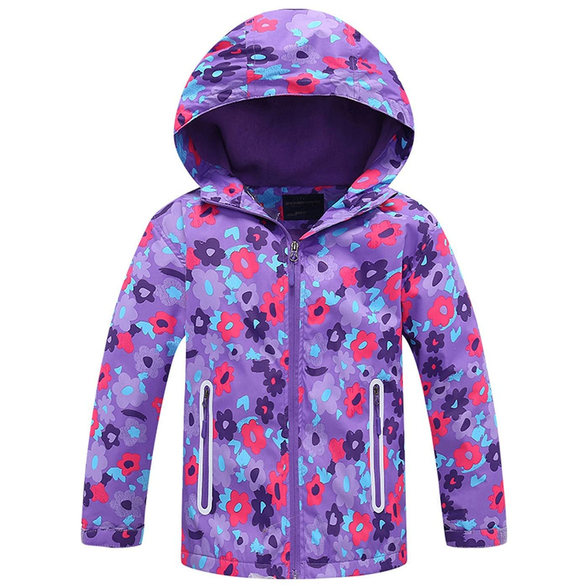 Girls Waterproof Rain Jacket Fleece Lined Lightweight Windbreaker for Kids Age 3-10 - Purple Flower 8-9 Years