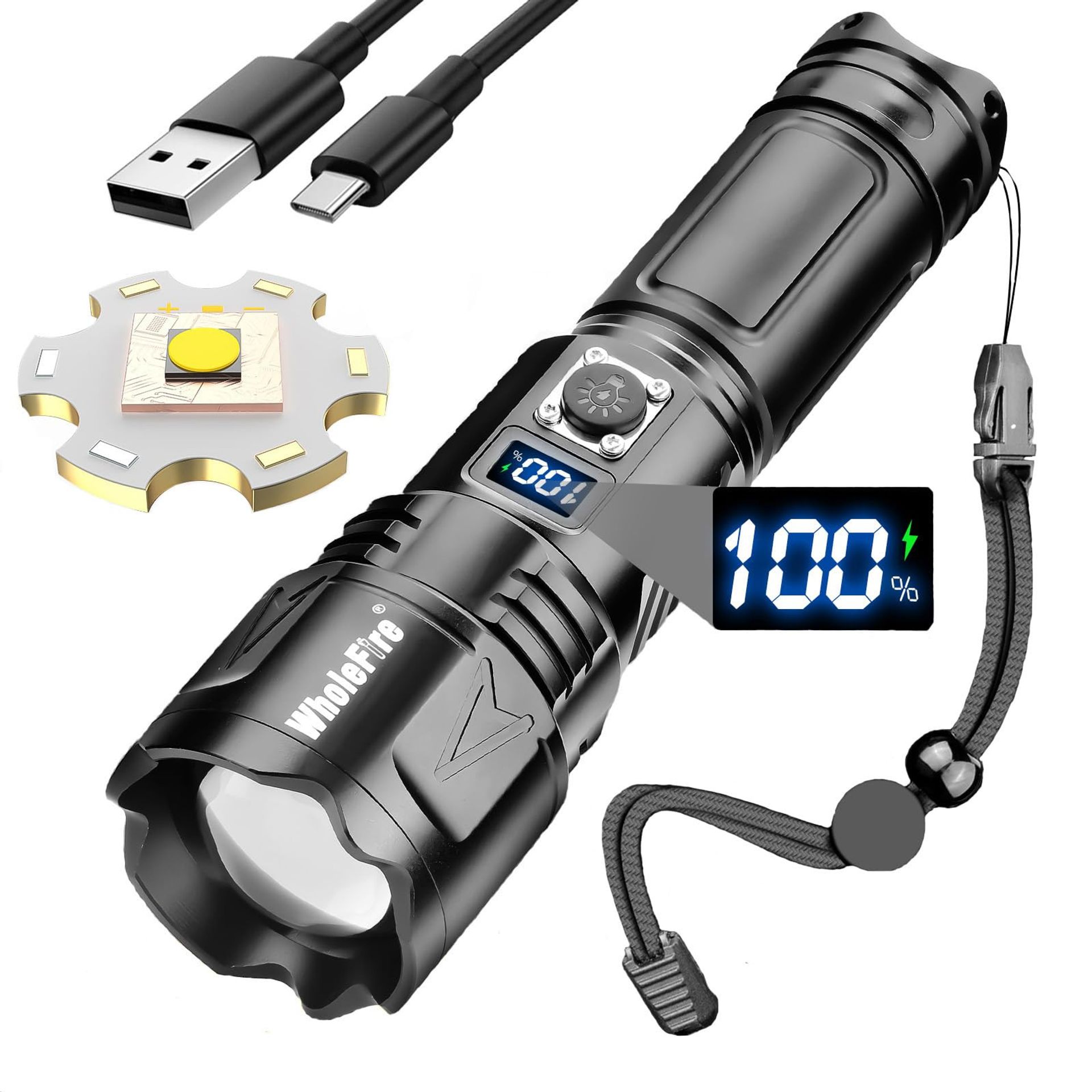 LED Super Bright Rechargeable Torch 20000 Lumens XHP70.2 5 Modes LCD Display Power Bank - Black WF1266B