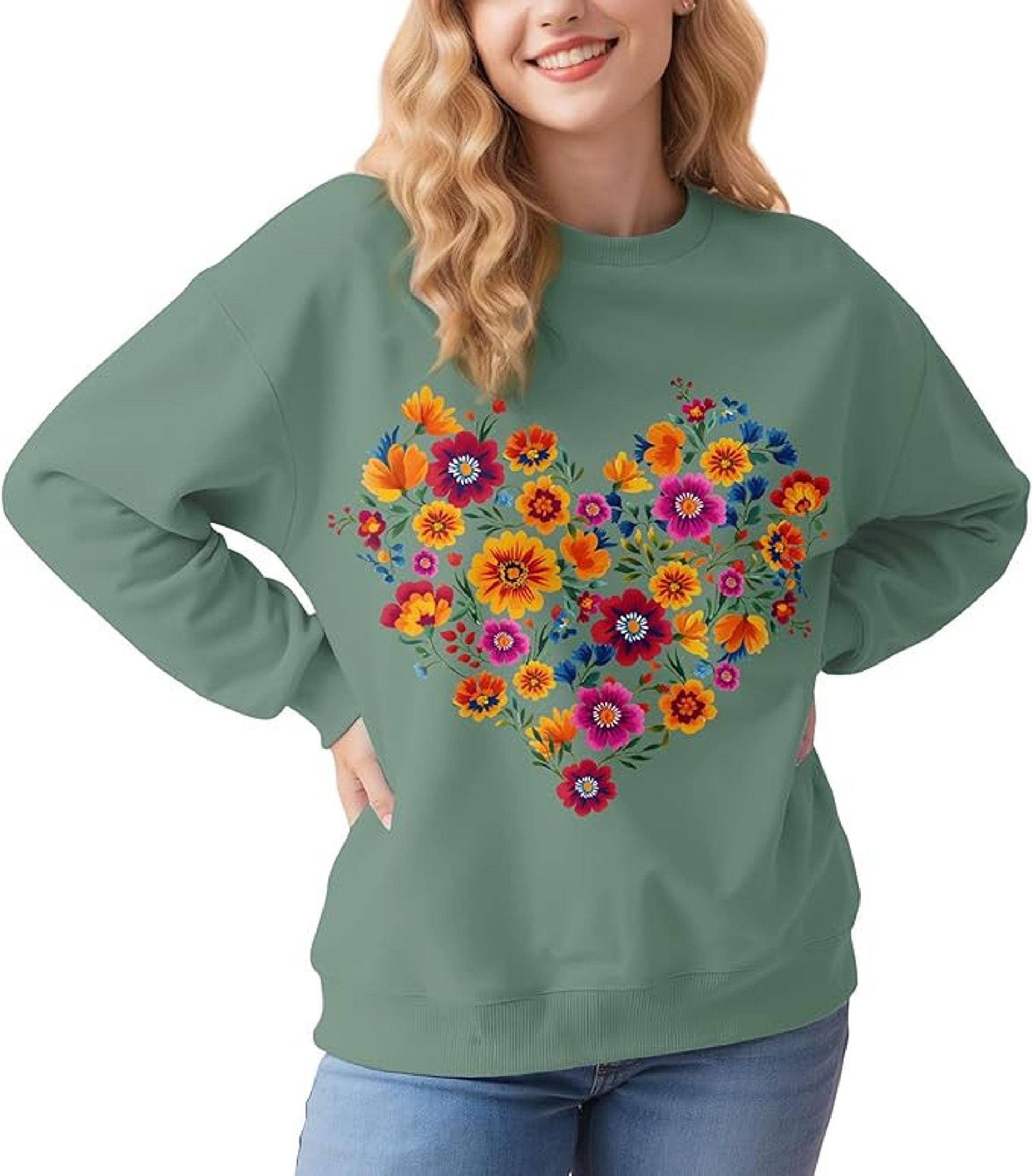 Women's Long Sleeve Fleece Sweatshirt Soft Pullover with Heart Floral Design - Floral Heart M