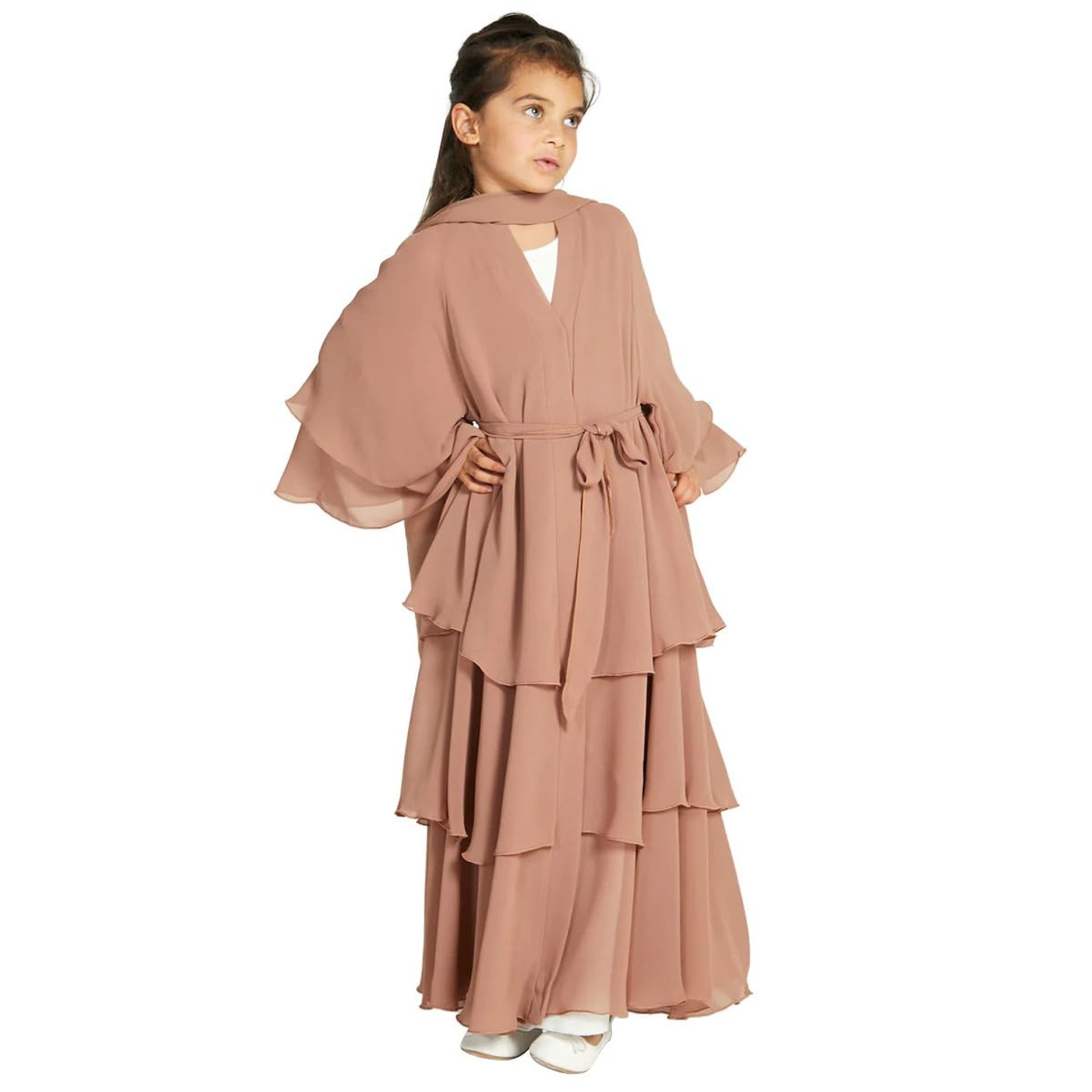 Girls Muslim Abaya Three-Layer Chiffon Open Front Kaftan Dress with Hijab - Kahki 3-4 Years