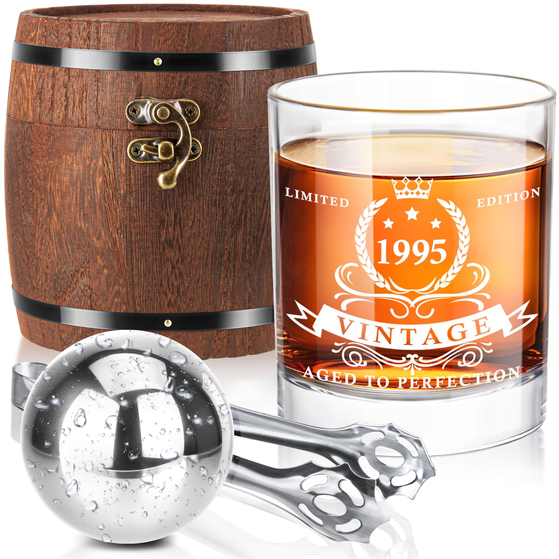 Whiskey Glass Gift Set 30th Birthday Edition with Barrel Box & Steel Ball - Clear Medium
