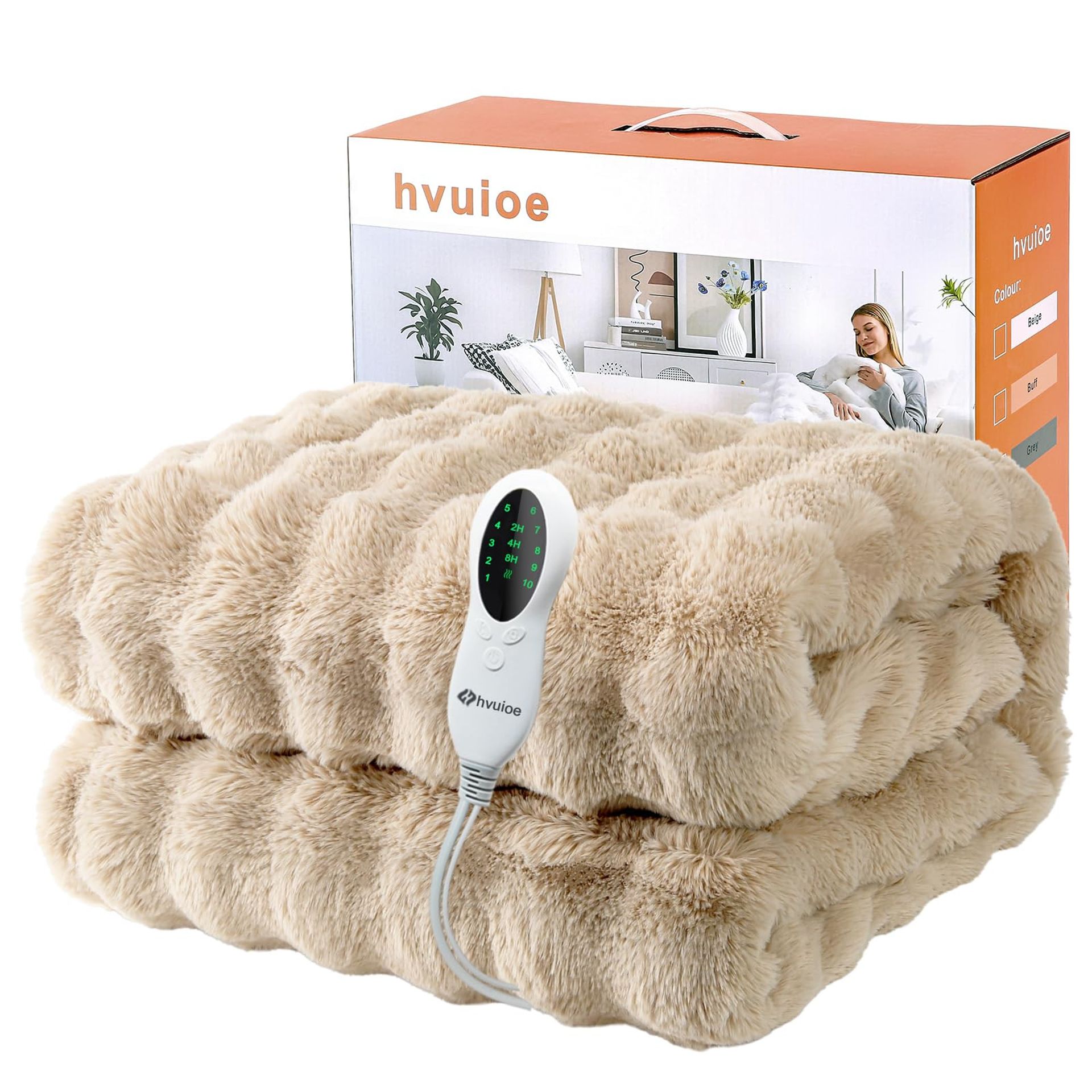 Heated Electric Throw Plush Faux Rabbit Fur Blanket Fast Heat Up & Auto Shut-Off for Bed, Sofa or Office - Buff 160x130cm
