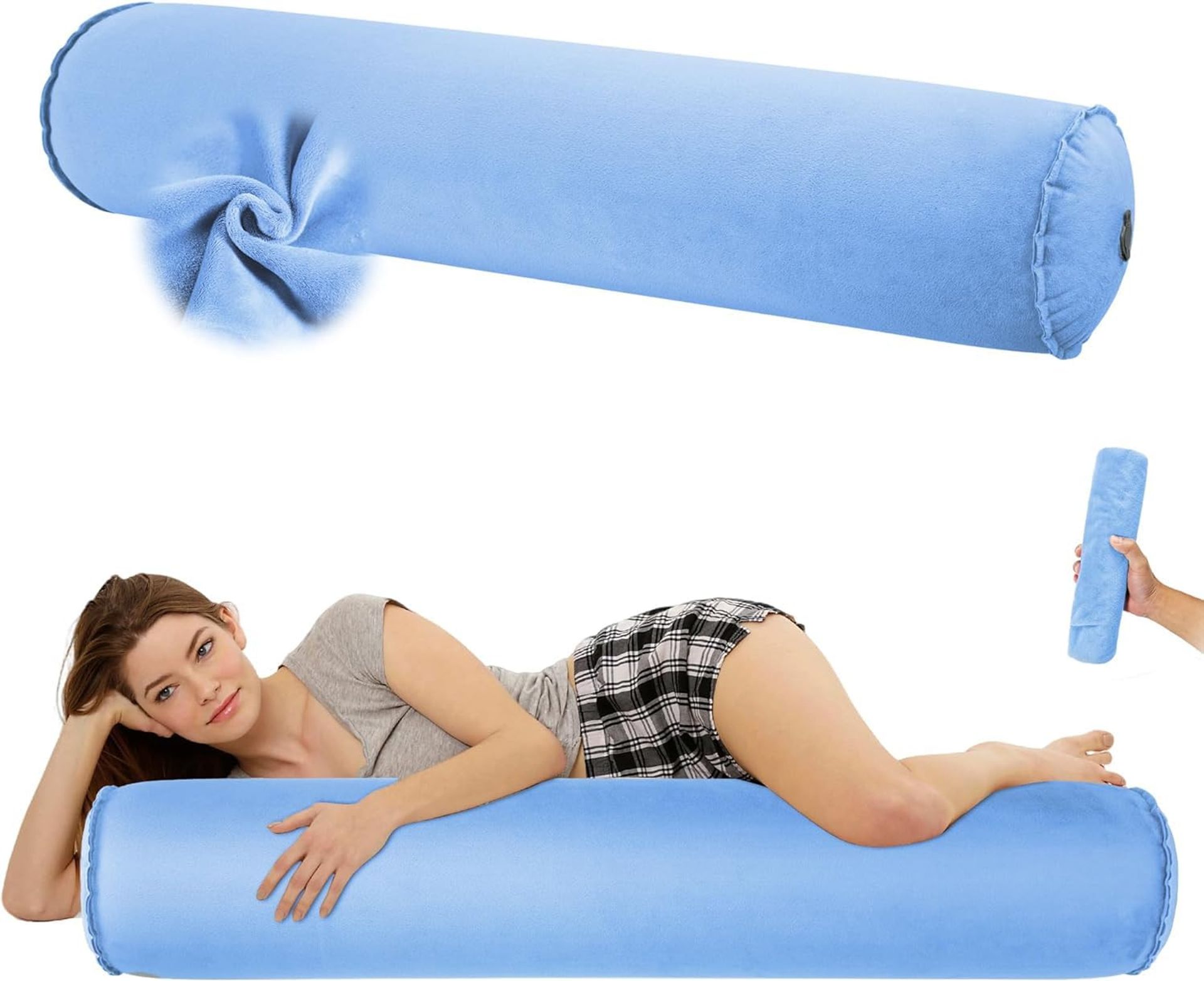 Inflatable Body Pillow Soft Bolster for Side Sleeping, Cervical Support & Hug Pillow for Adults & Kids – Compact Blow-Up Design - Blue 90x20cm